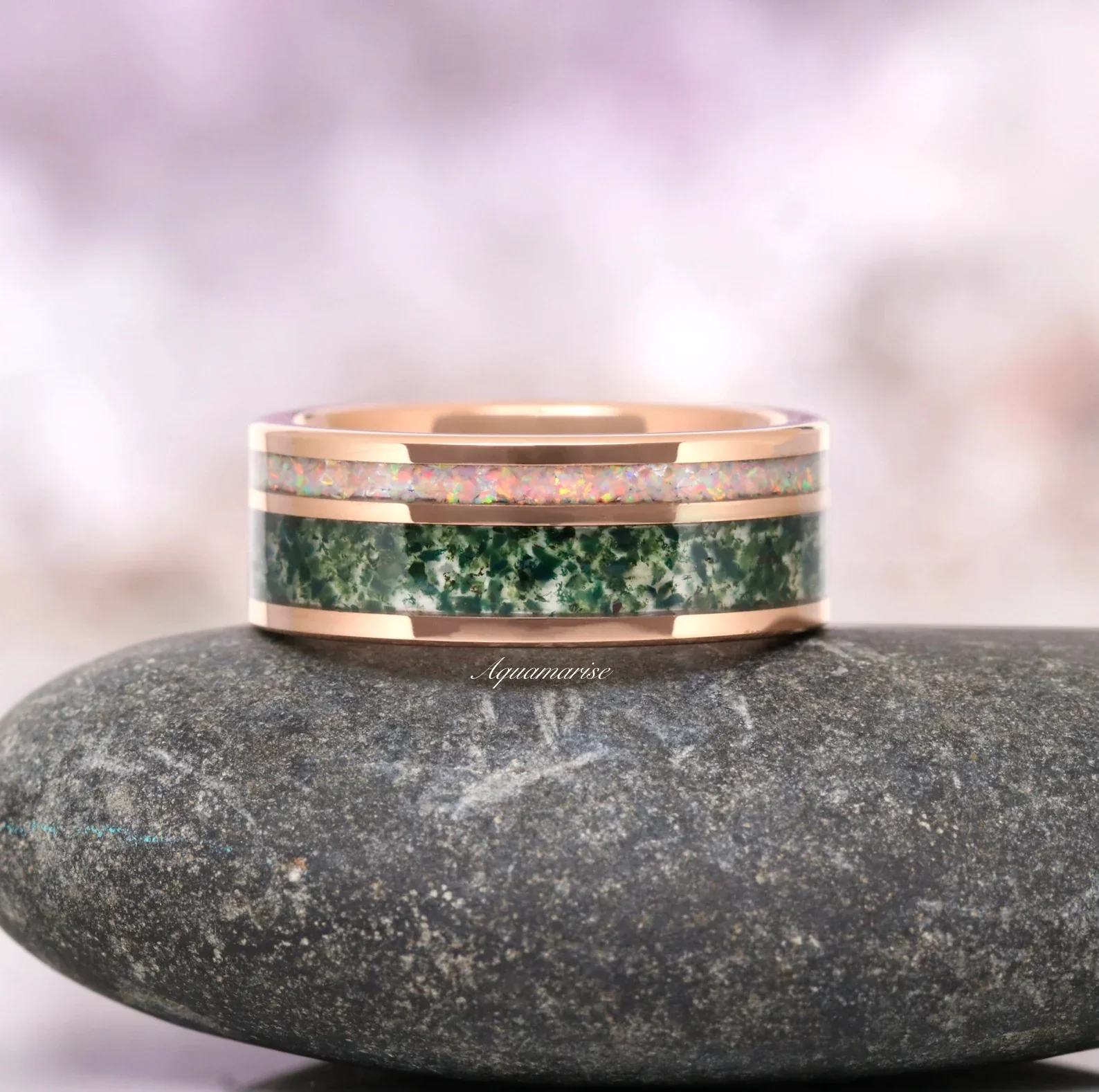 Moss Agate & Fire Opal Couples Ring Set - Image 5