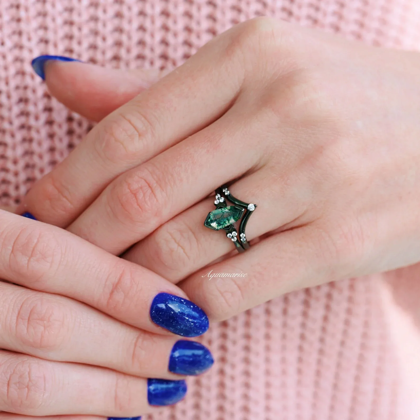 Hexagon Coffin Green Moss Agate Couples Ring Set - Image 5