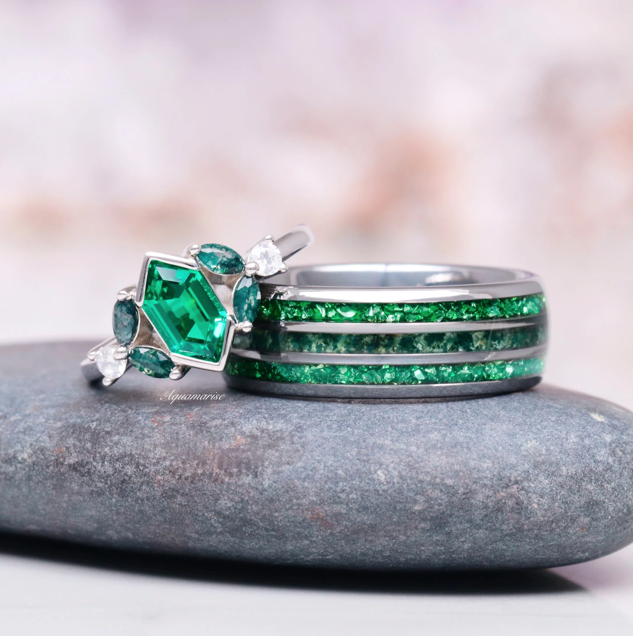 Moss Agate & Emerald Wedding Band- 8MM Tungsten - Image 2