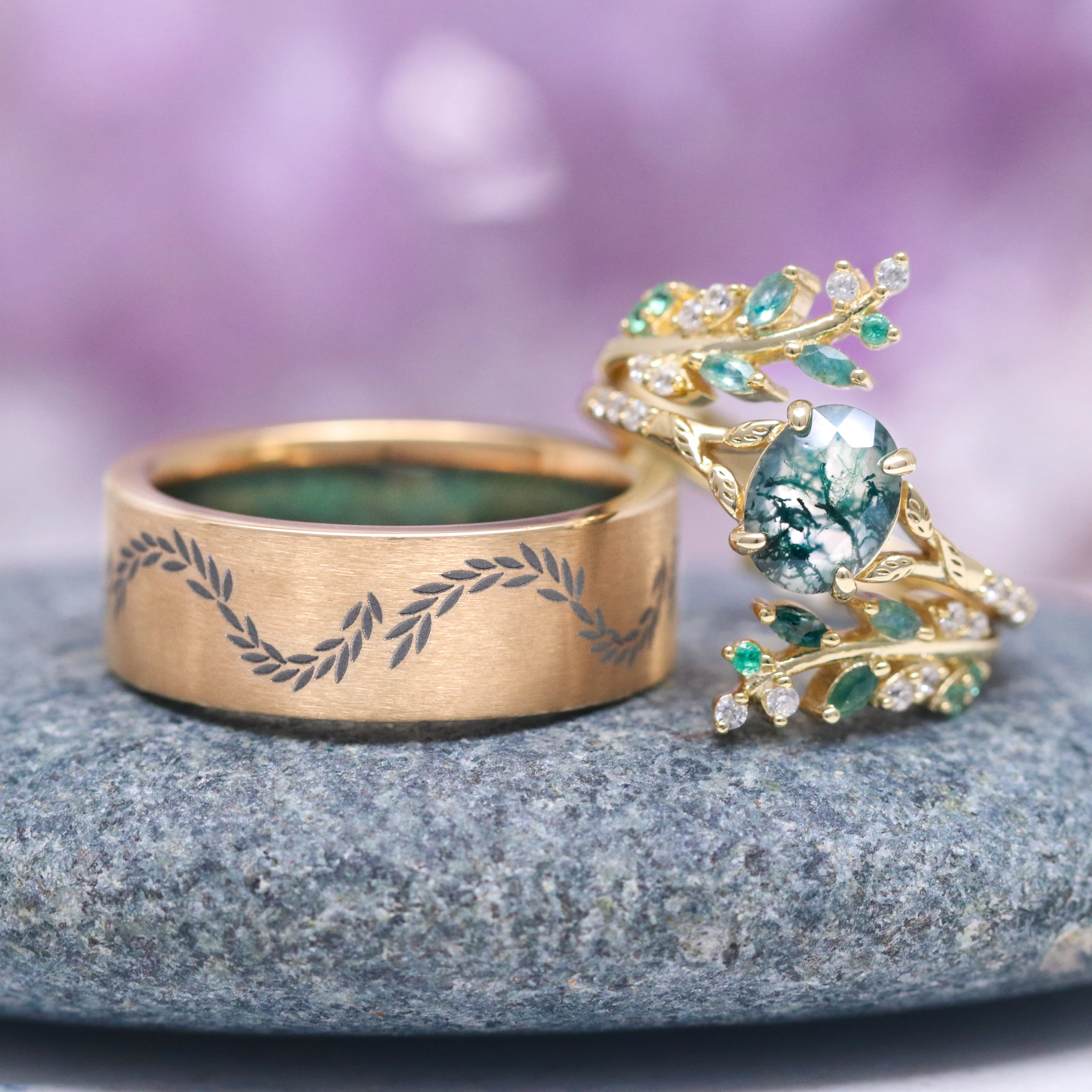 Green Moss Agate & Emerald Leaf Ring Set in 14K Yellow Gold Vermeil - Image 2
