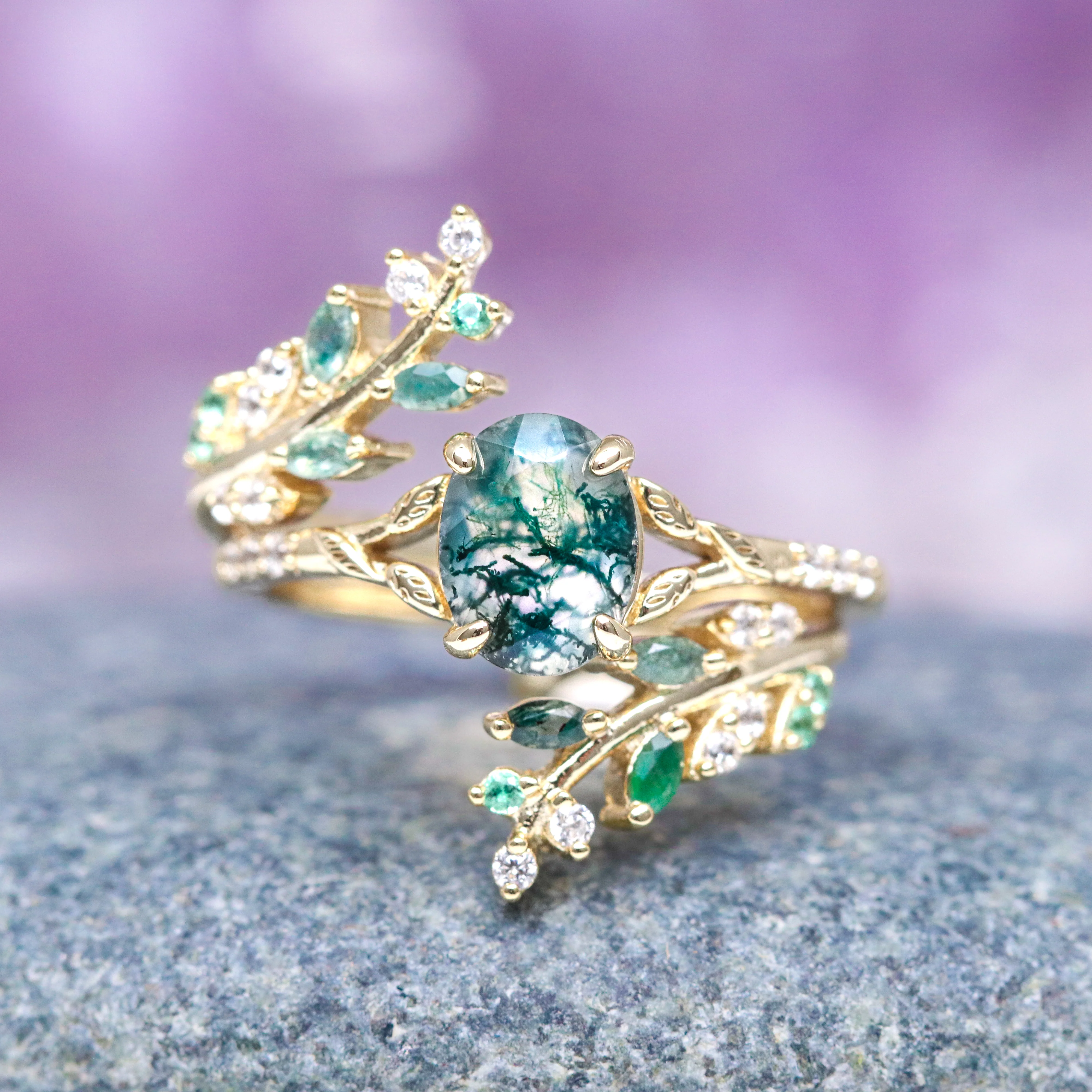 Moss Agate & Emerald Leaf Couples Ring Set - Image 8