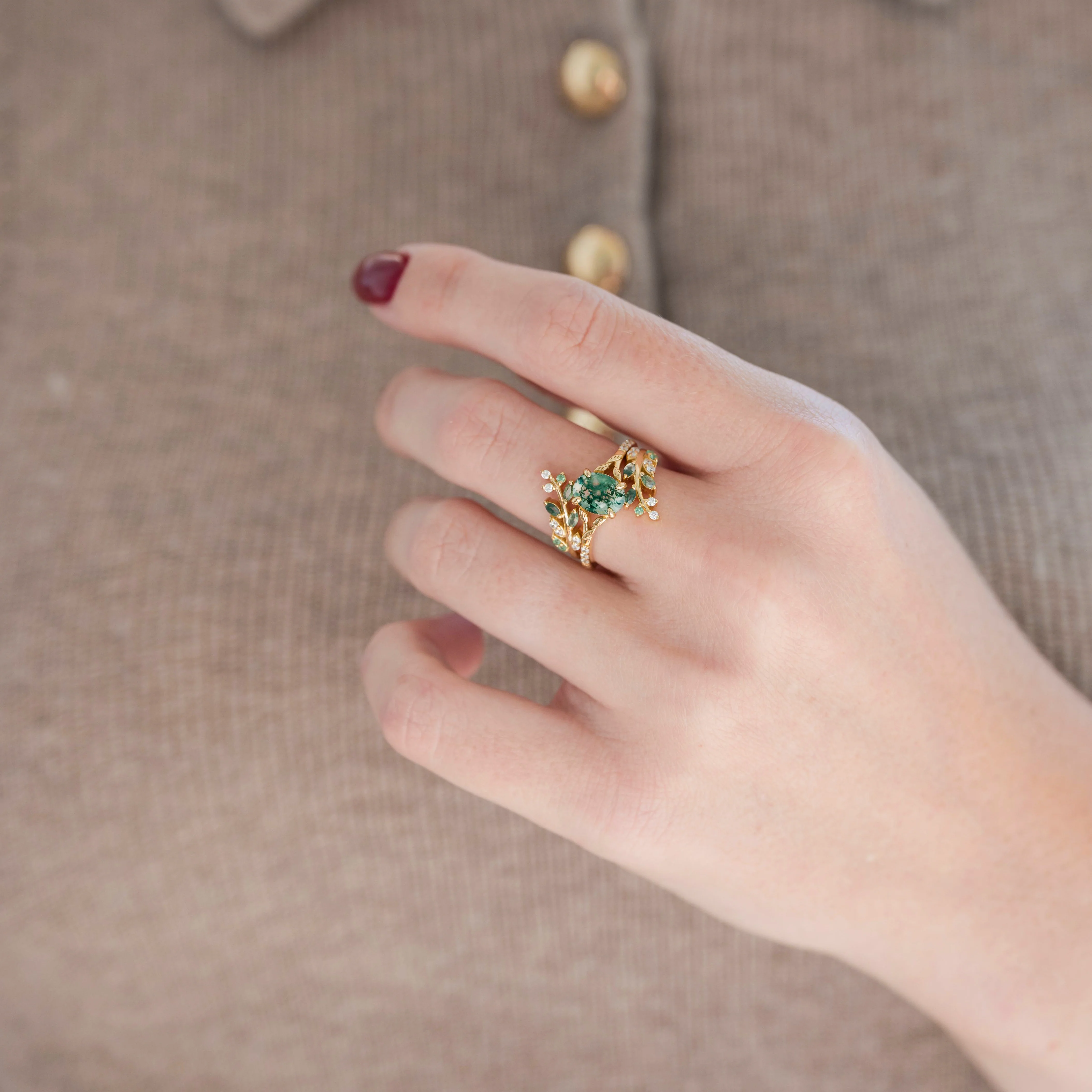 Moss Agate & Emerald Leaf Couples Ring Set - Image 4