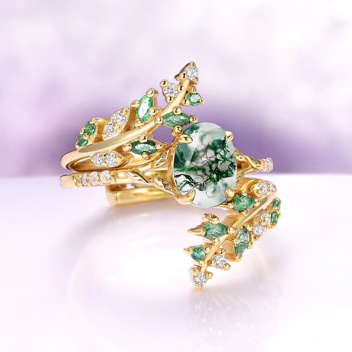 Moss Agate & Emerald Leaf Couples Ring Set - Image 7