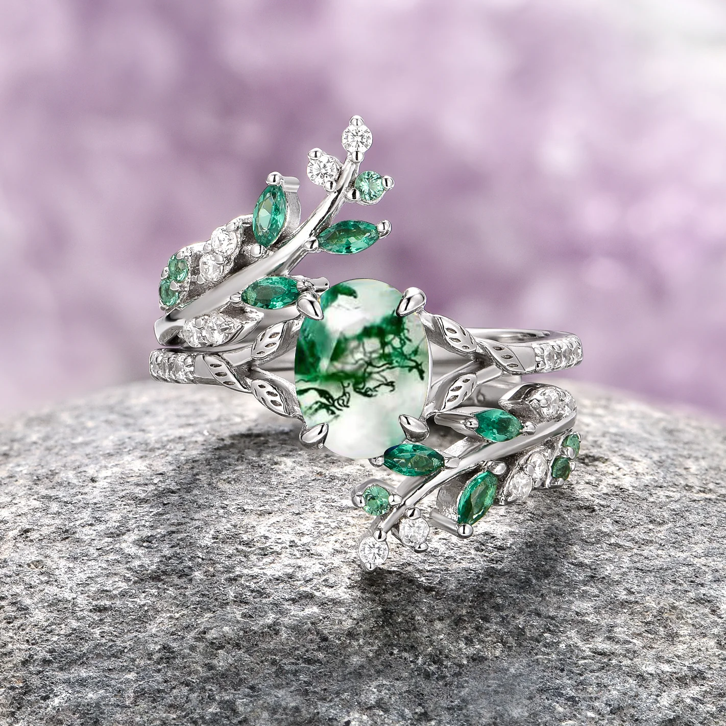 Green Moss Agate & Emerald Fairy Leaf Ring Set in Sterling Silver - Image 3