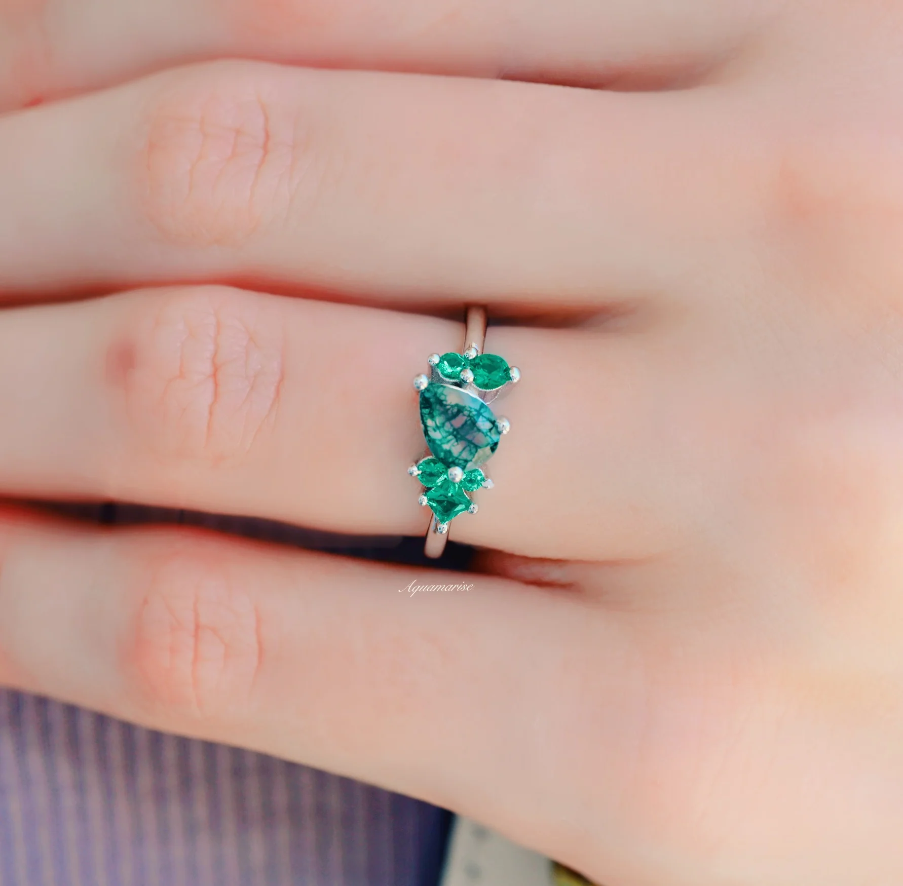 Moss Agate and Lab Emerald Cluster Engagement Ring in 14K White Gold - Image 3