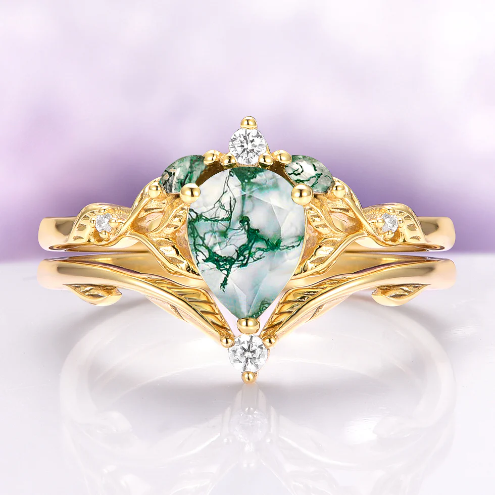 Green Moss Agate Leaf Engagement Ring Set in 14K Solid Yellow Gold