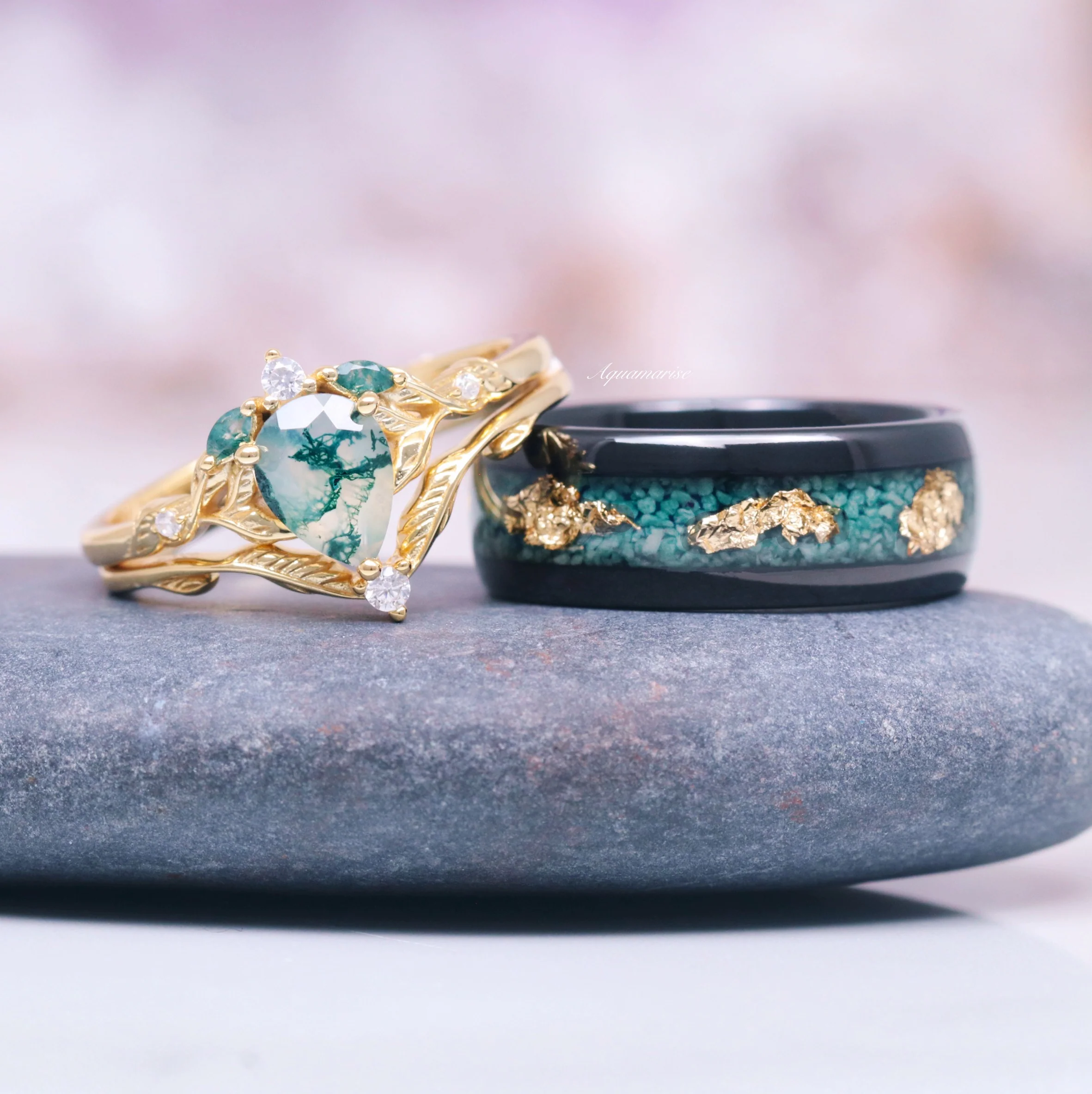 Green Moss Agate Leaf Engagement Ring Set in 14K Solid Yellow Gold - Image 3