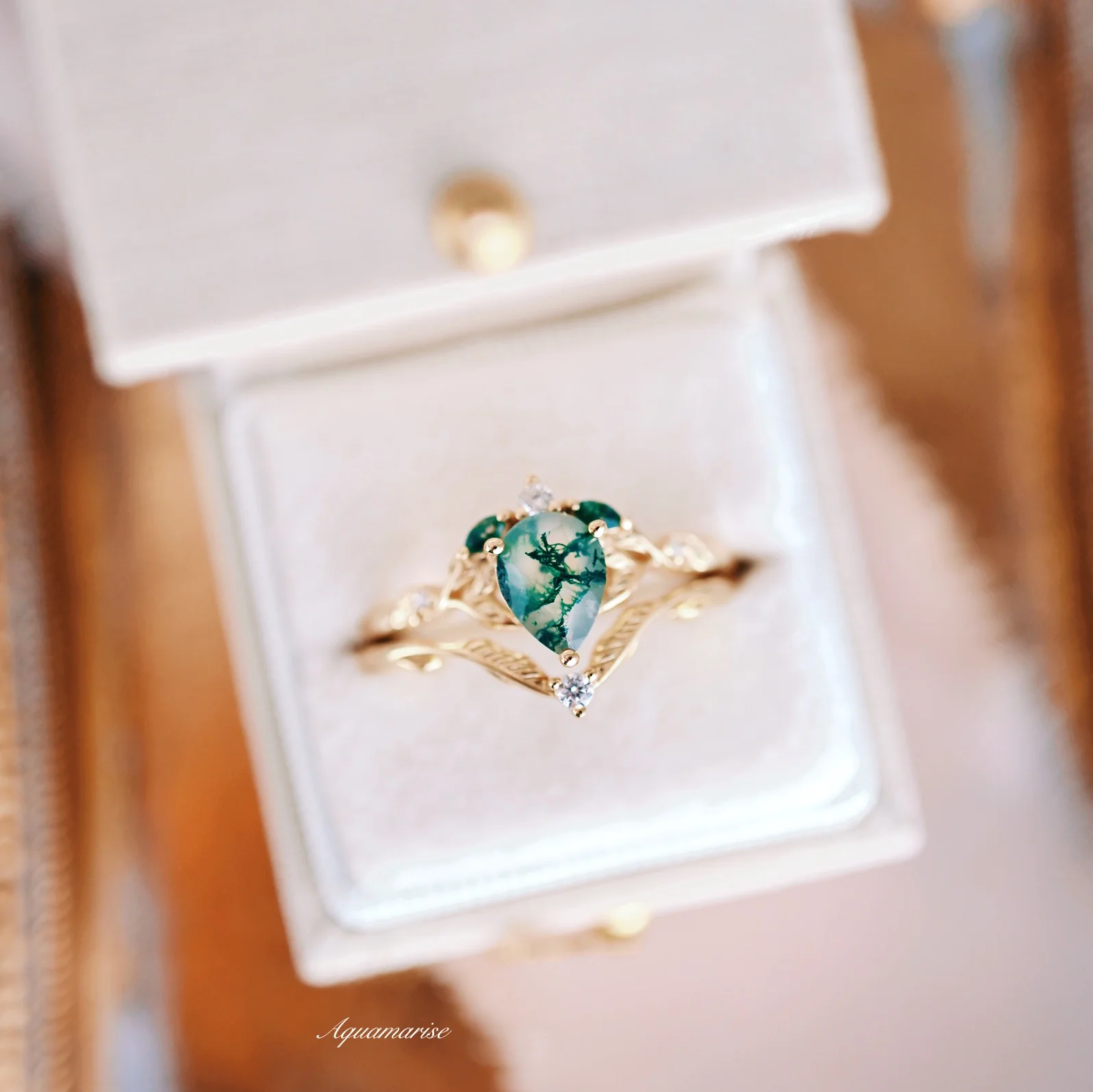 Green Moss Agate Leaf Engagement Ring Set in 14K Solid Yellow Gold - Image 5