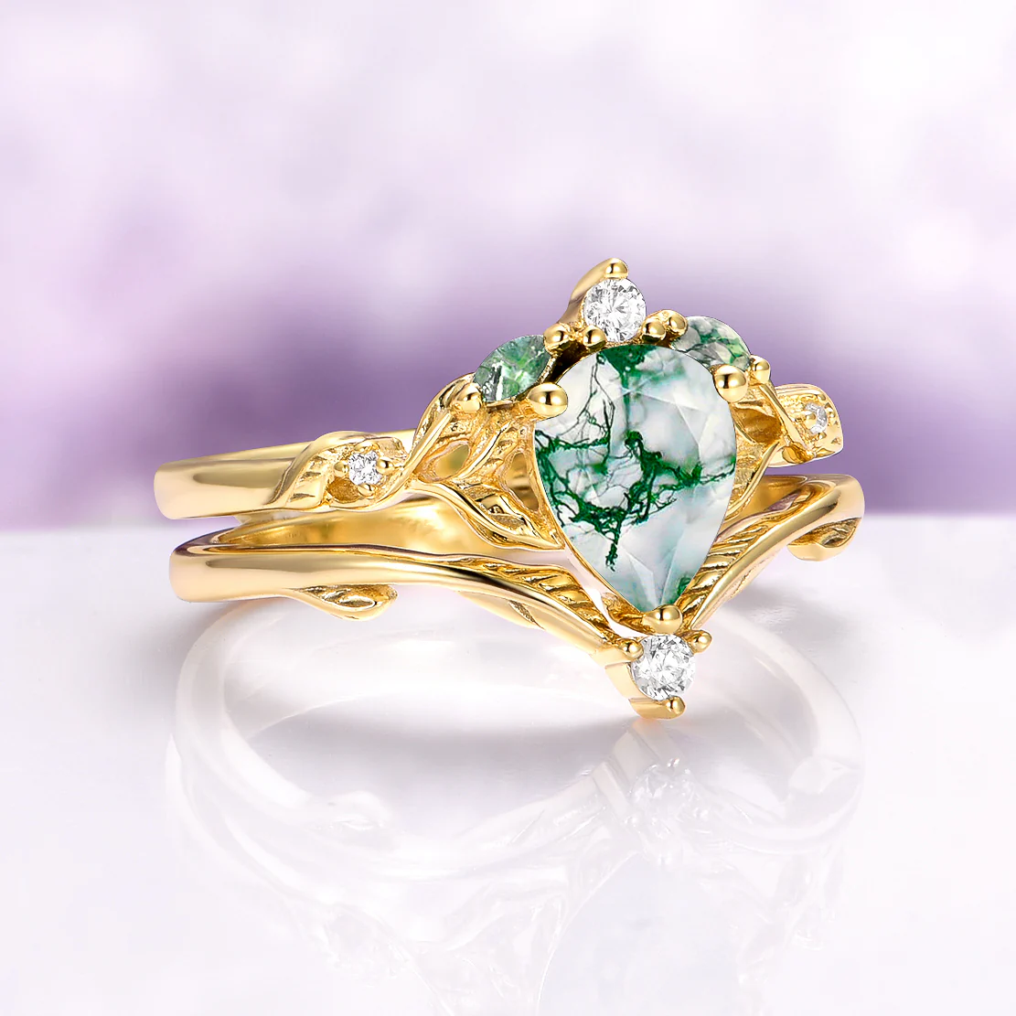 Green Moss Agate Leaf Engagement Ring Set in 14K Solid Yellow Gold - Image 7