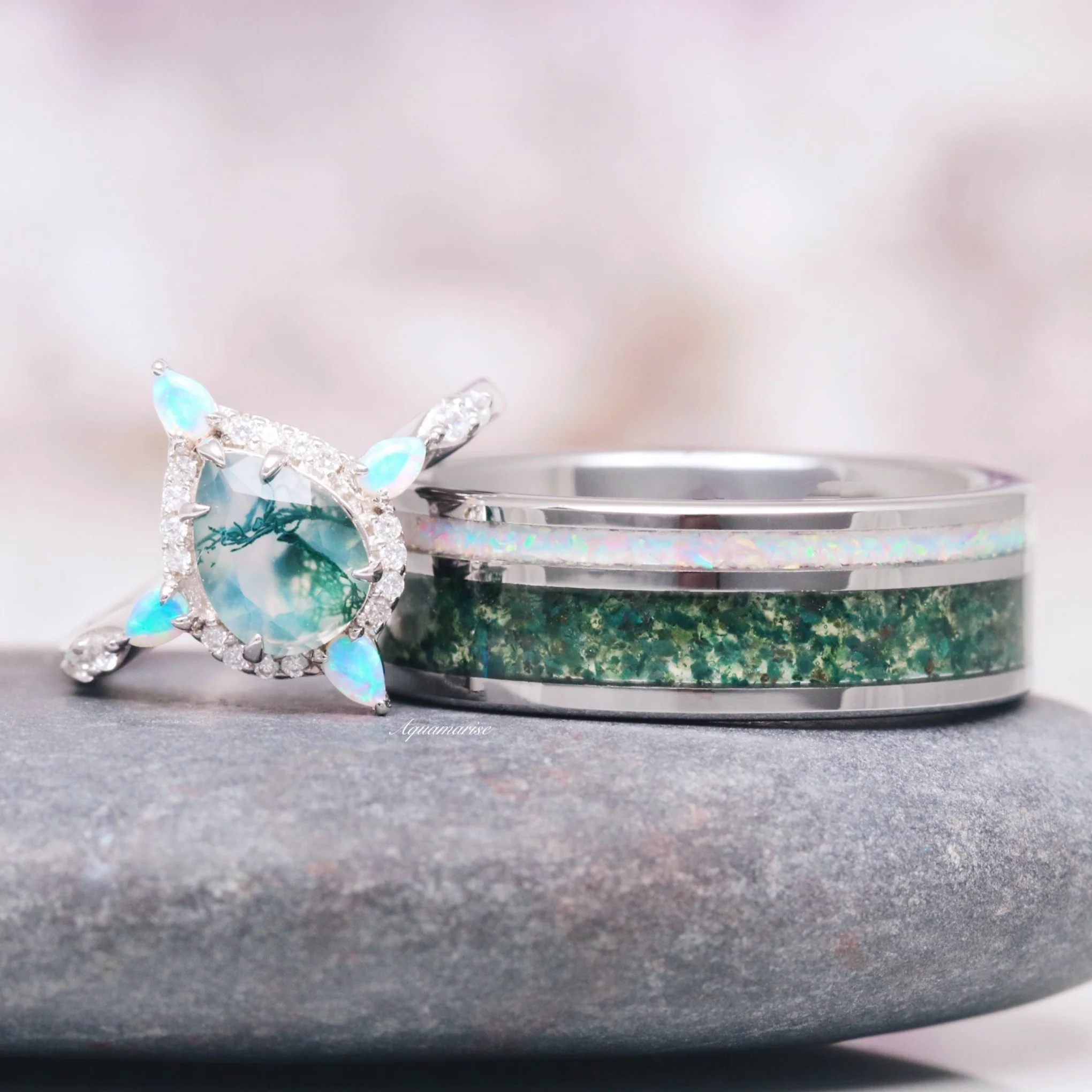Moss Agate & Fire Opal Wedding Band- 8MM Tungsten - Image 2