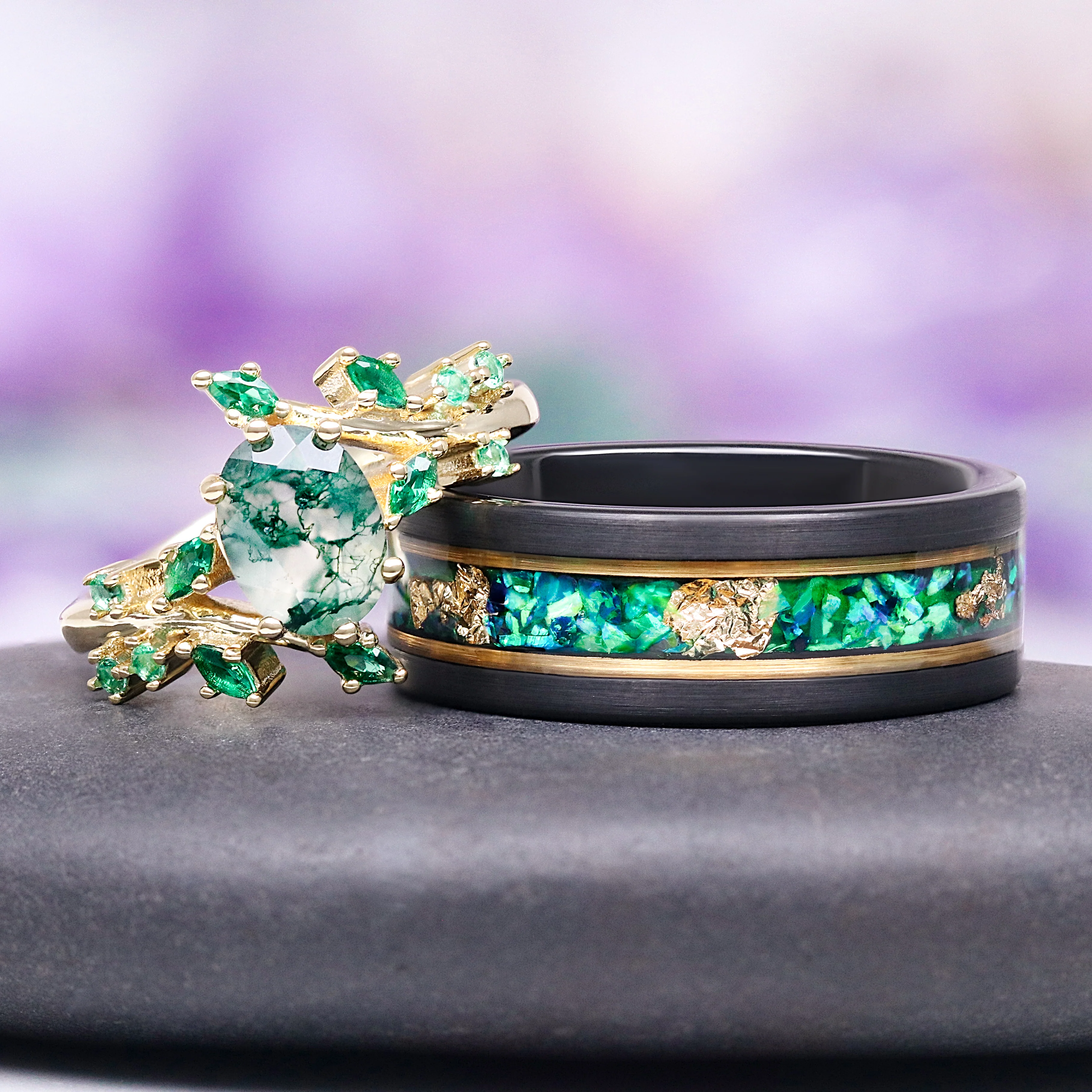 Green Moss Agate & Fire Opal & Gold Leaf Couples Ring Set