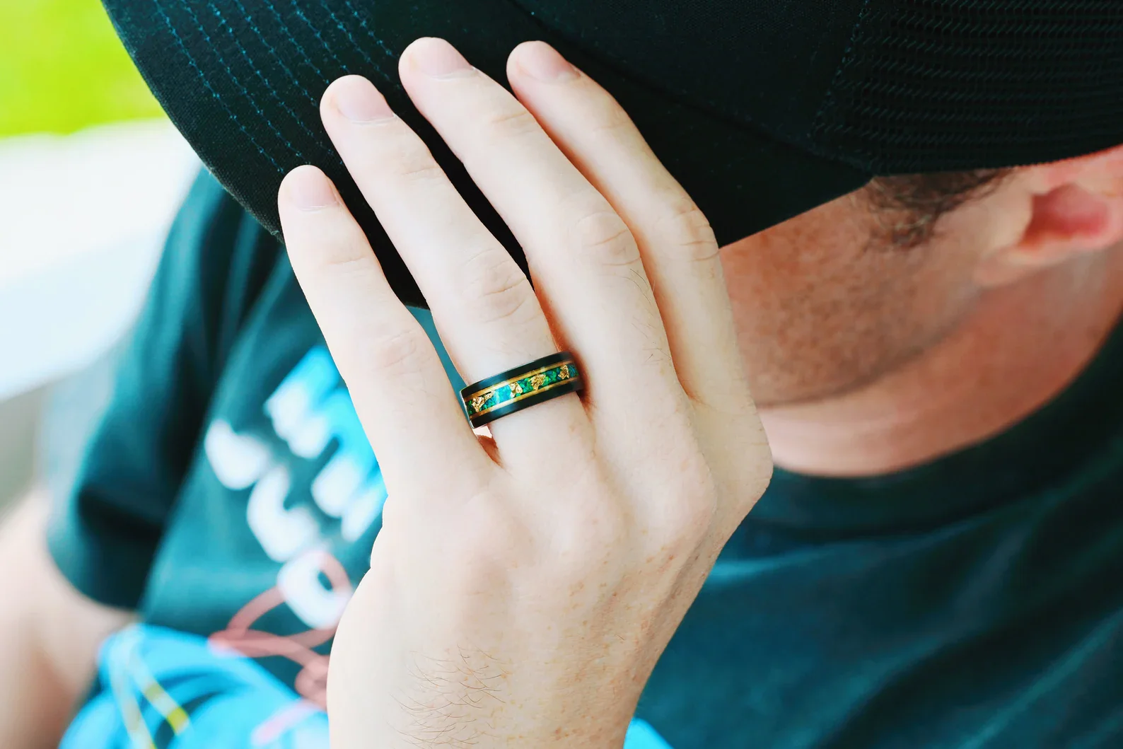 Green Moss Agate & Fire Opal & Gold Leaf Couples Ring Set - Image 10