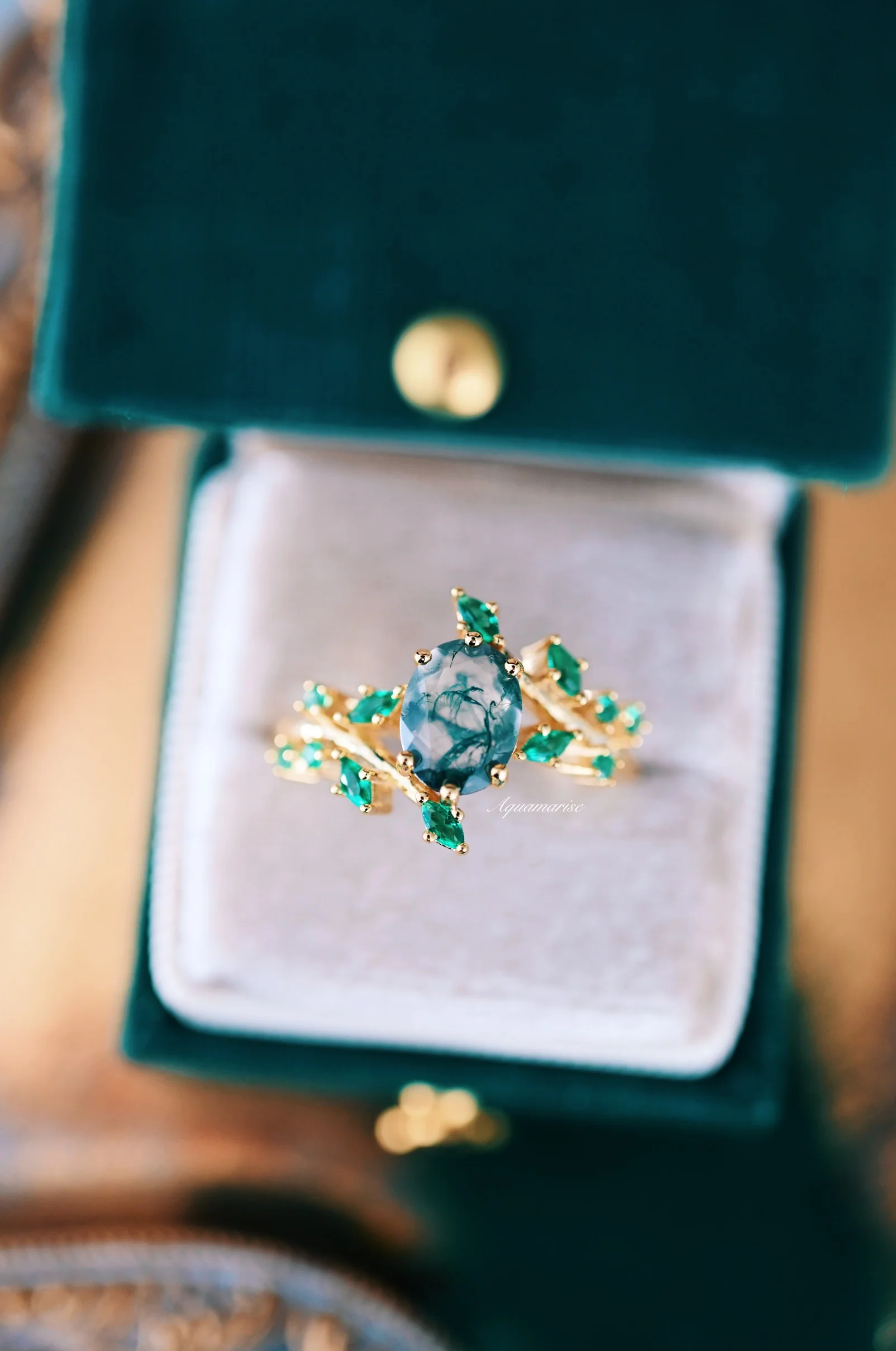 Green Moss Agate & Fire Opal & Gold Leaf Couples Ring Set - Image 4