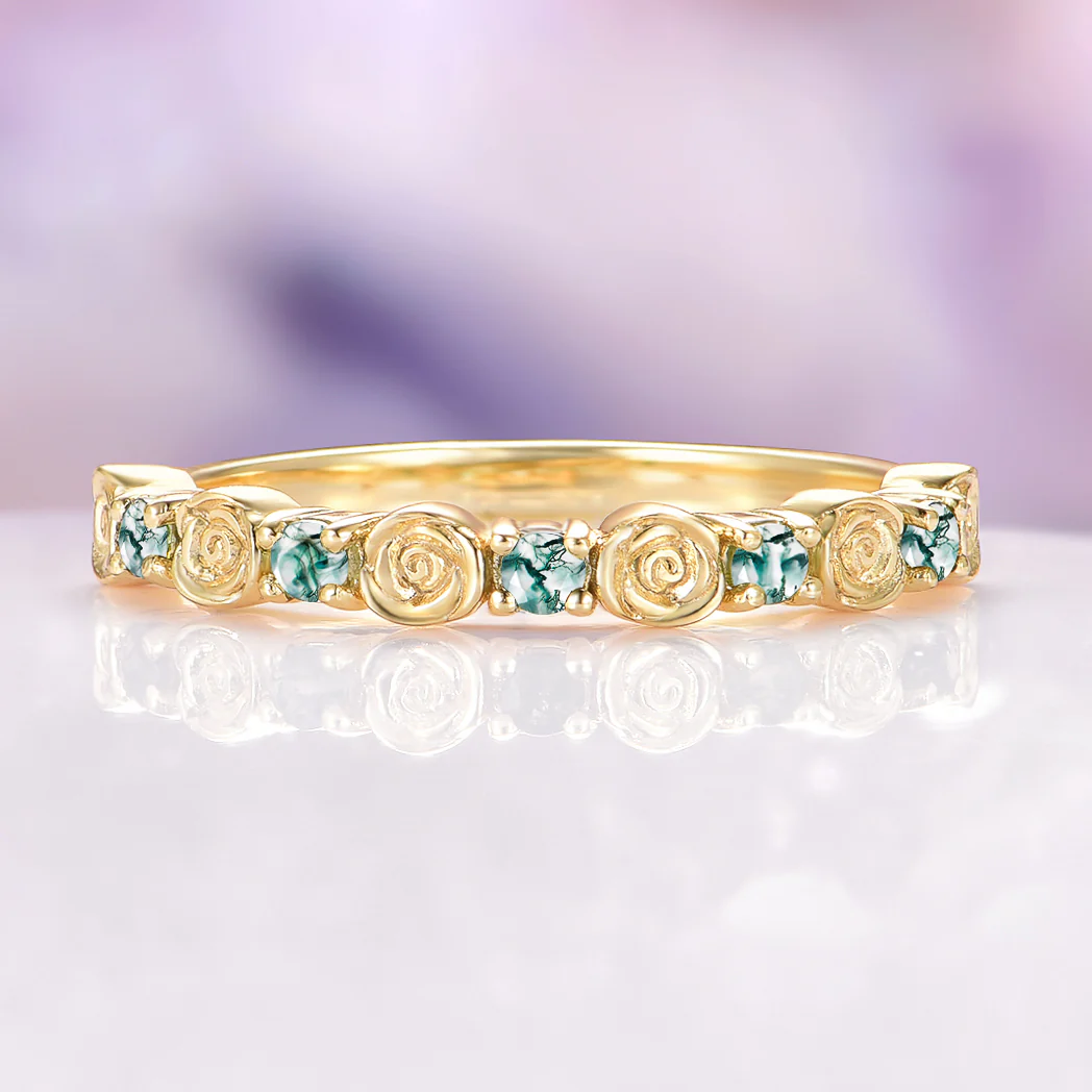 Green Moss Agate Flower Wedding Band in Solid 14K Yellow Gold