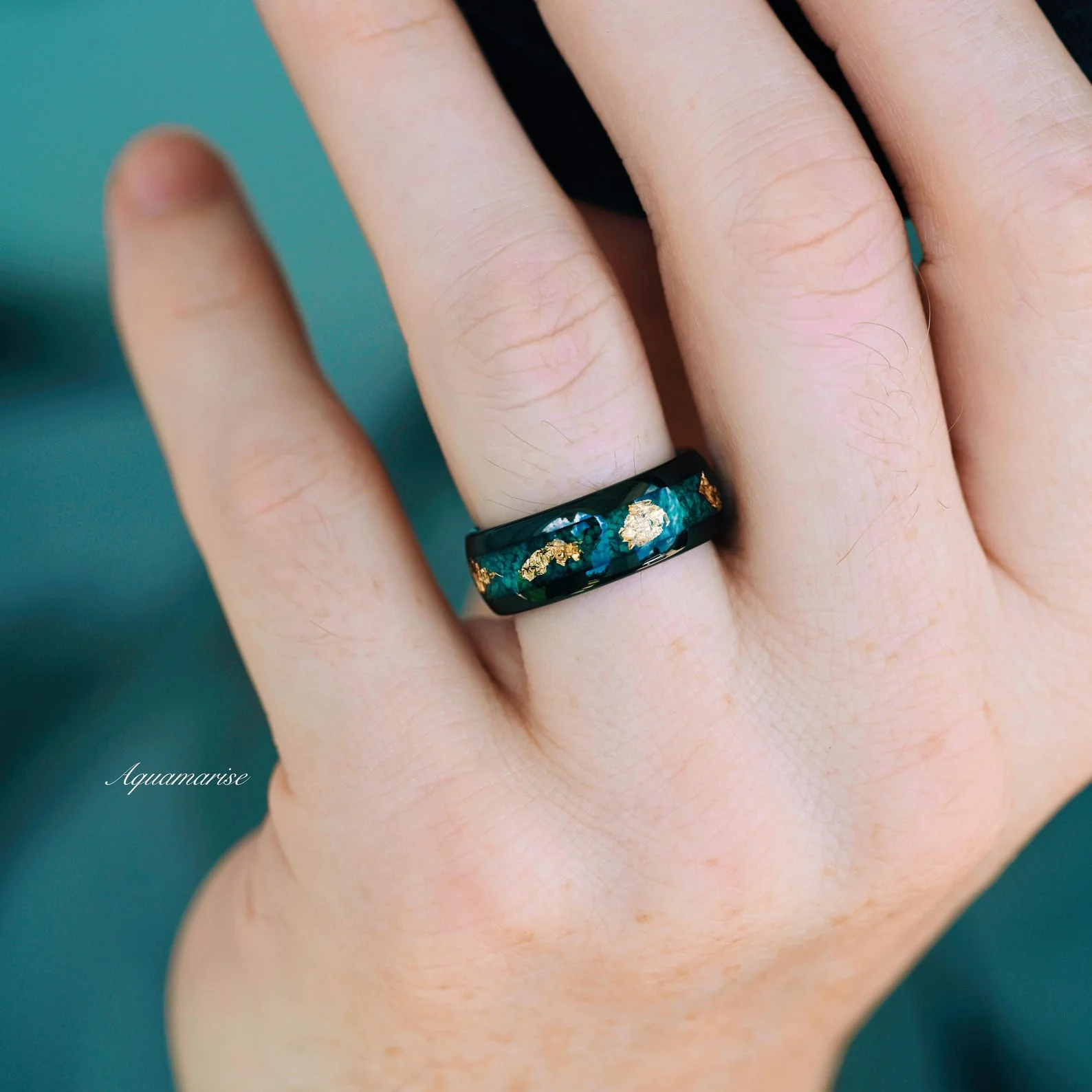 Moss Agate & Gold Leaf Wedding Band- 8MM Black Tungsten - Image 4