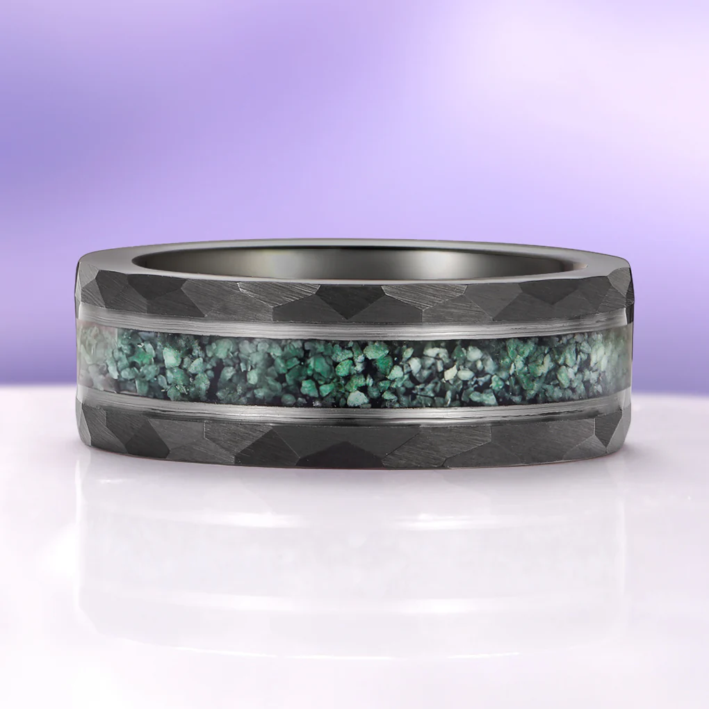Green Moss Agate Hammered Wedding Band in Two Tone Black/Silver Tungsten Carbide (8mm) - Image 3