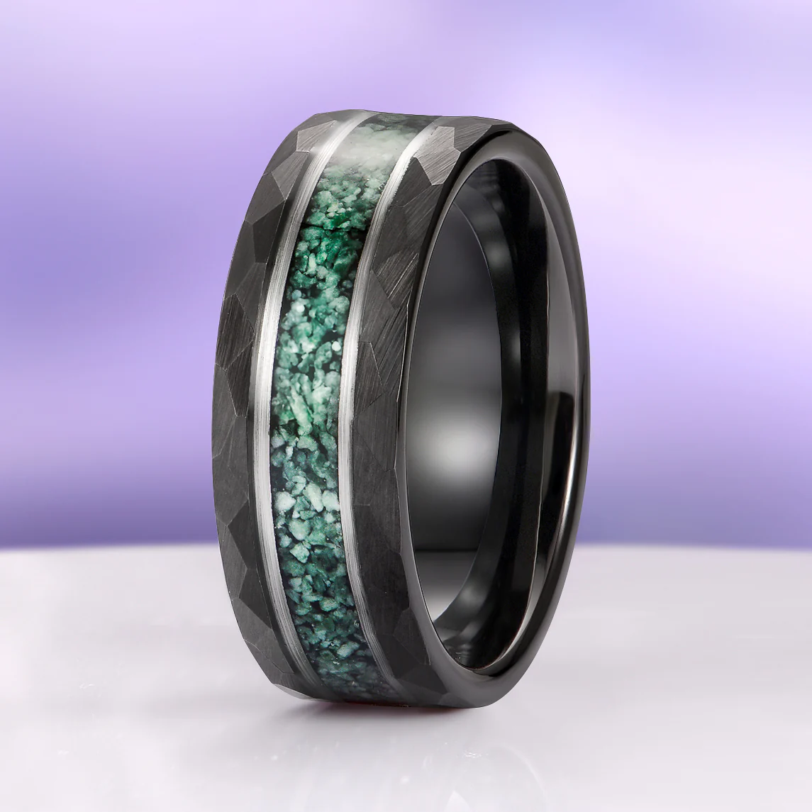 Green Moss Agate Hammered Wedding Band in Two Tone Black/Silver Tungsten Carbide (8mm) - Image 4