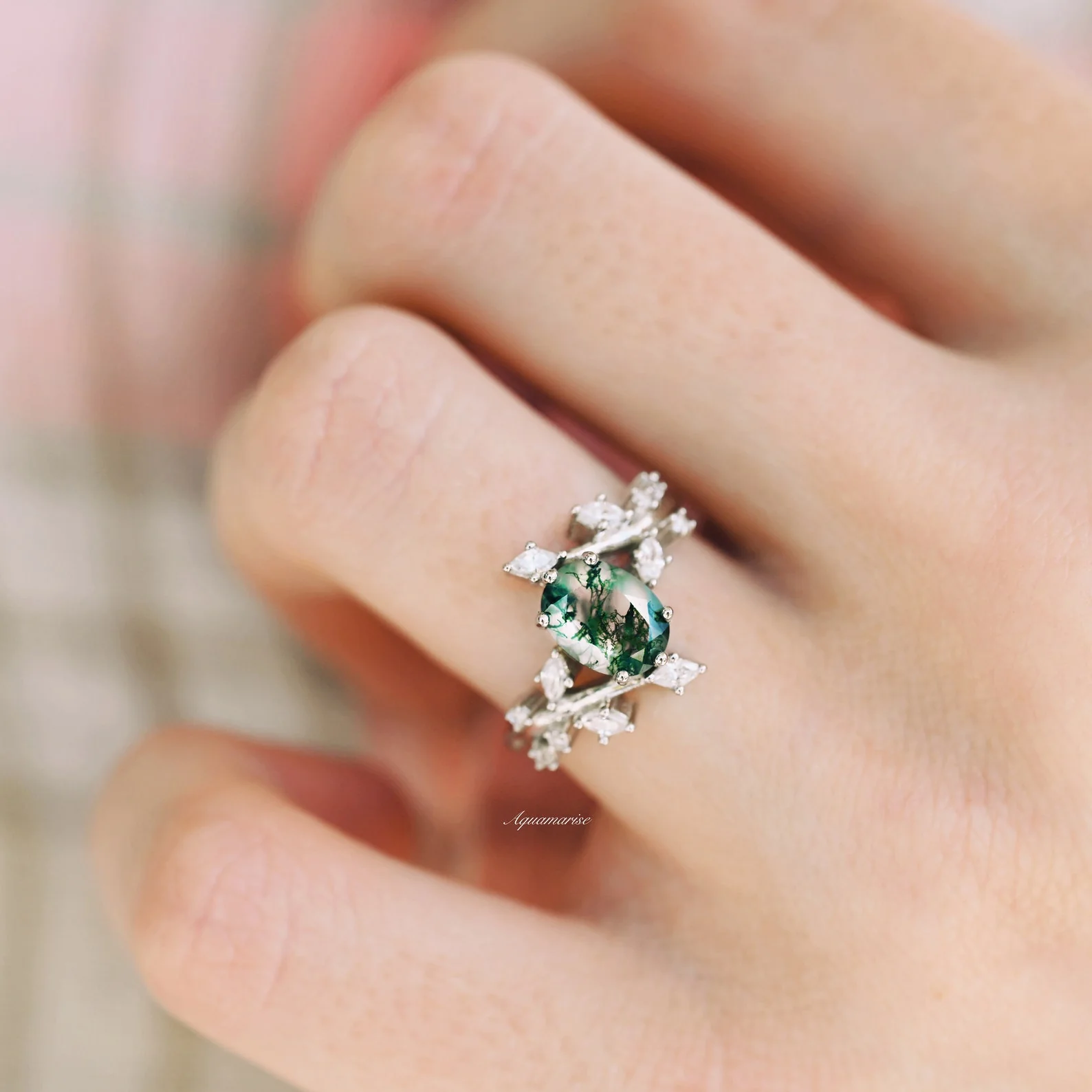 Moss Agate Leaf Couples Ring Set - Image 7