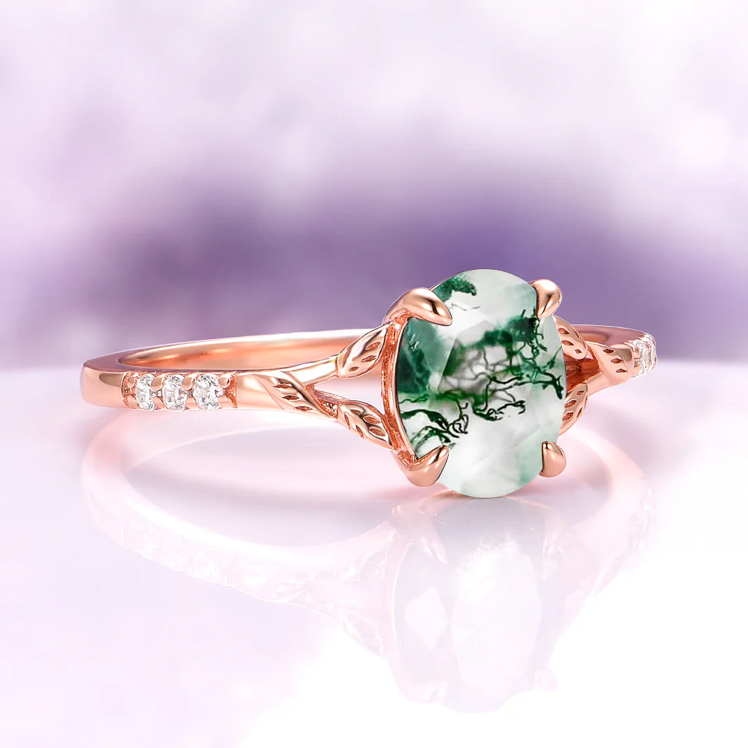 Green Moss Agate Leaf Engagement Ring in 14K Solid Rose Gold - Image 13