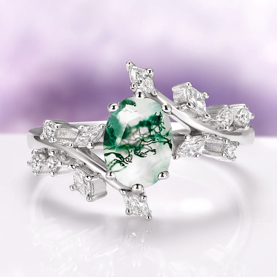 Green Moss Agate Leaf Engagement Ring in 14K White Gold