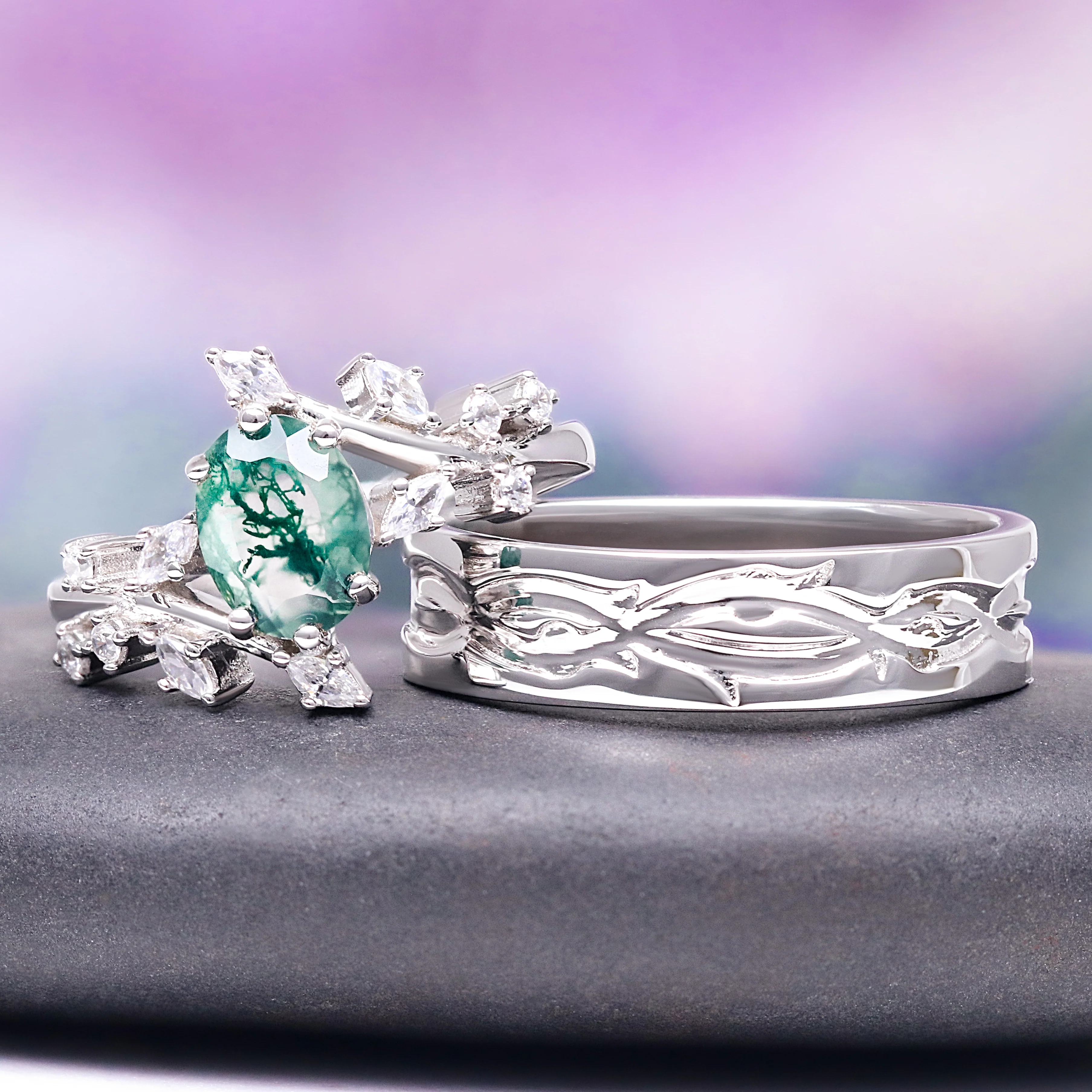 Green Moss Agate Leaf Engagement Ring in 14K White Gold - Image 2
