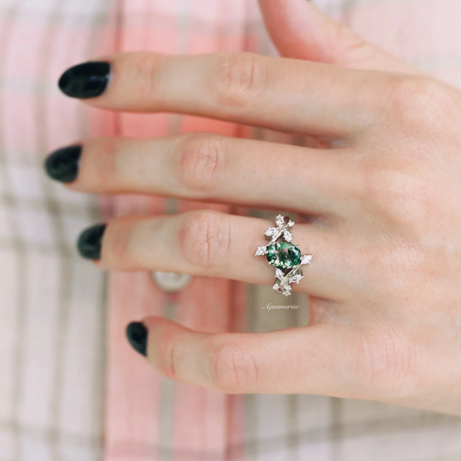 Green Moss Agate Leaf Engagement Ring in 14K White Gold - Image 5