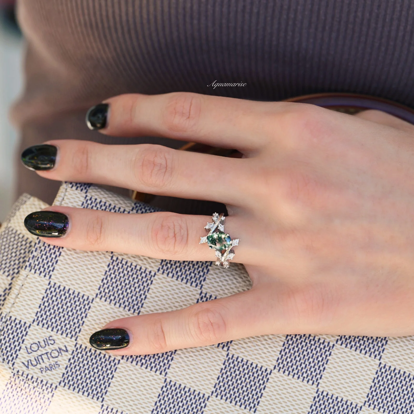 Green Moss Agate Leaf Engagement Ring in 14K White Gold - Image 7