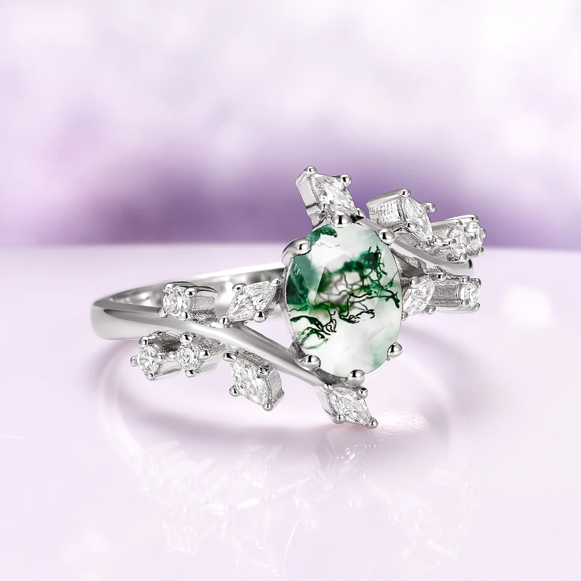 Green Moss Agate Leaf Engagement Ring in 14K White Gold - Image 8