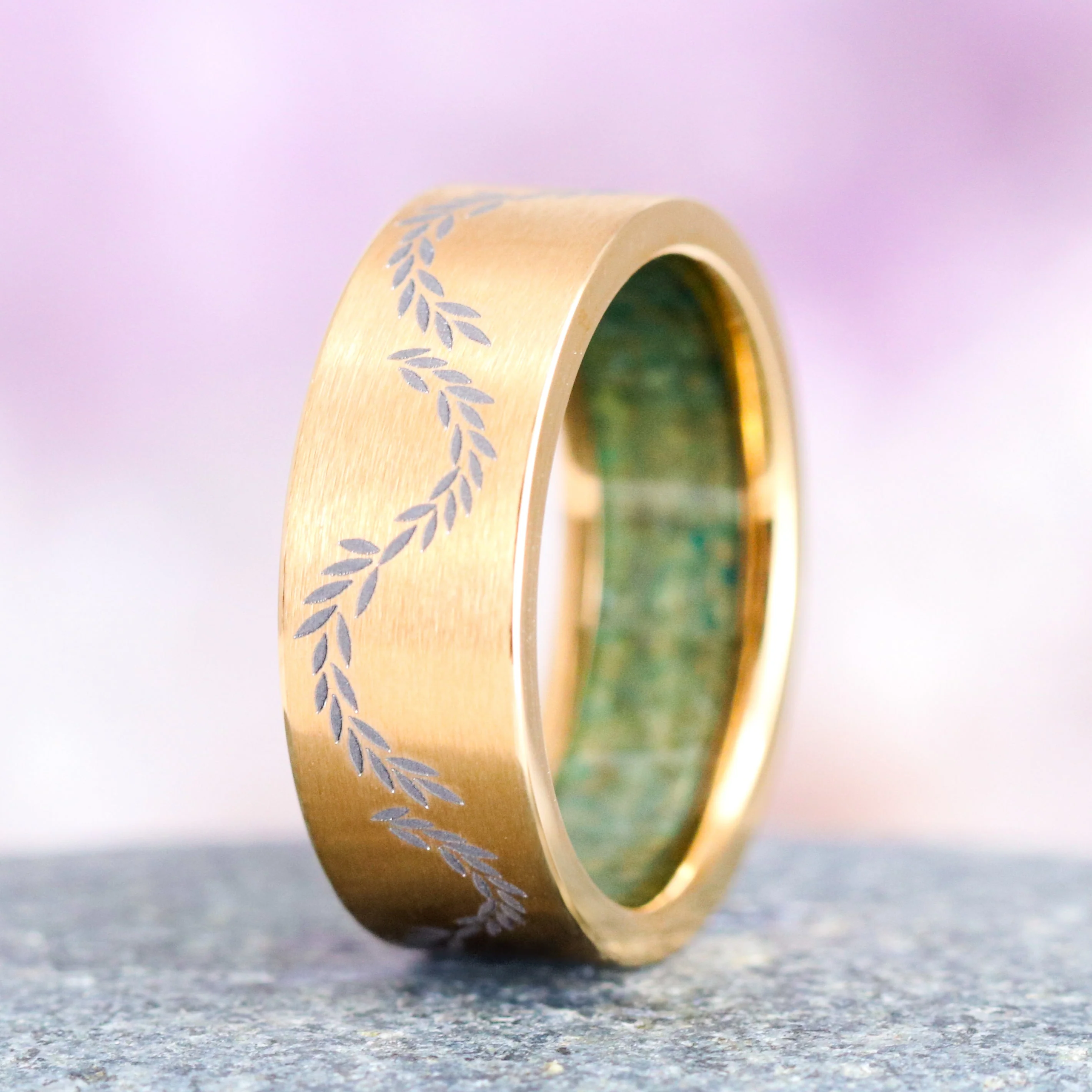 Green Moss Agate Leaf Wedding Band  in Yellow Gold Titanium (8mm)