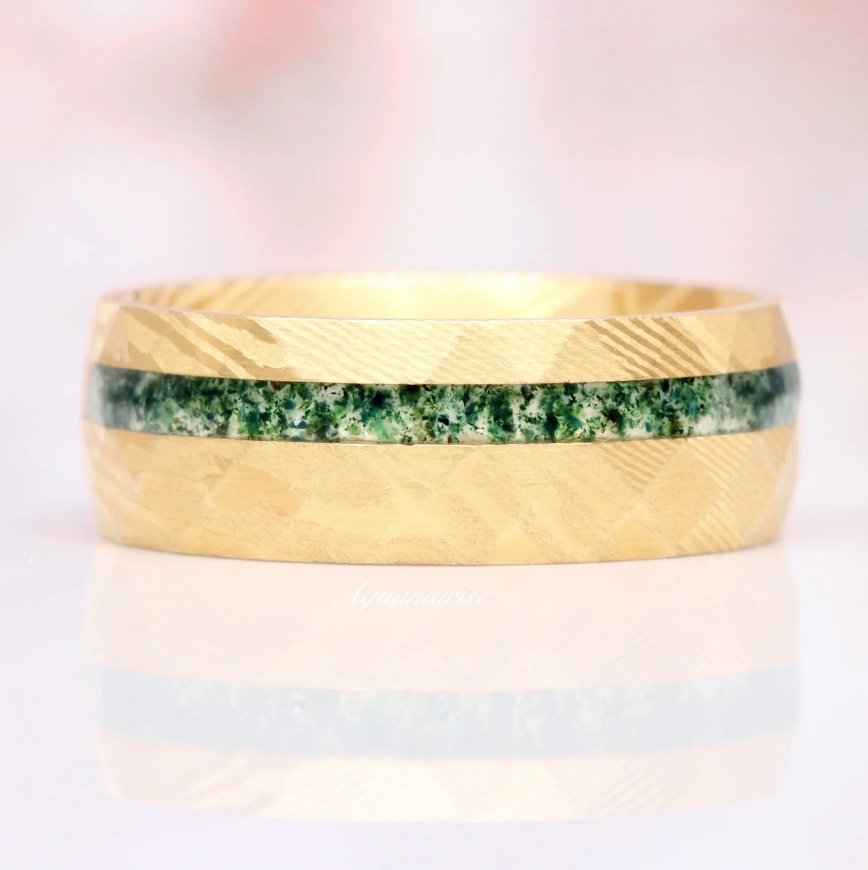 Moss Agate Wedding Band in Gold Damascus Steel (8mm)