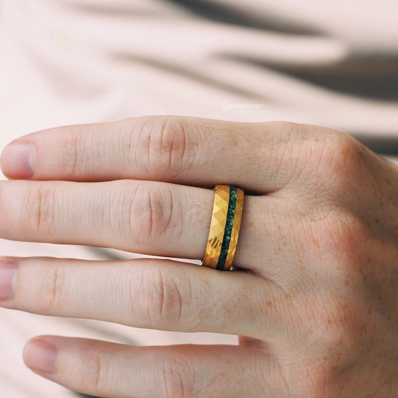 Moss Agate Wedding Band in Gold Damascus Steel (8mm) - Image 2