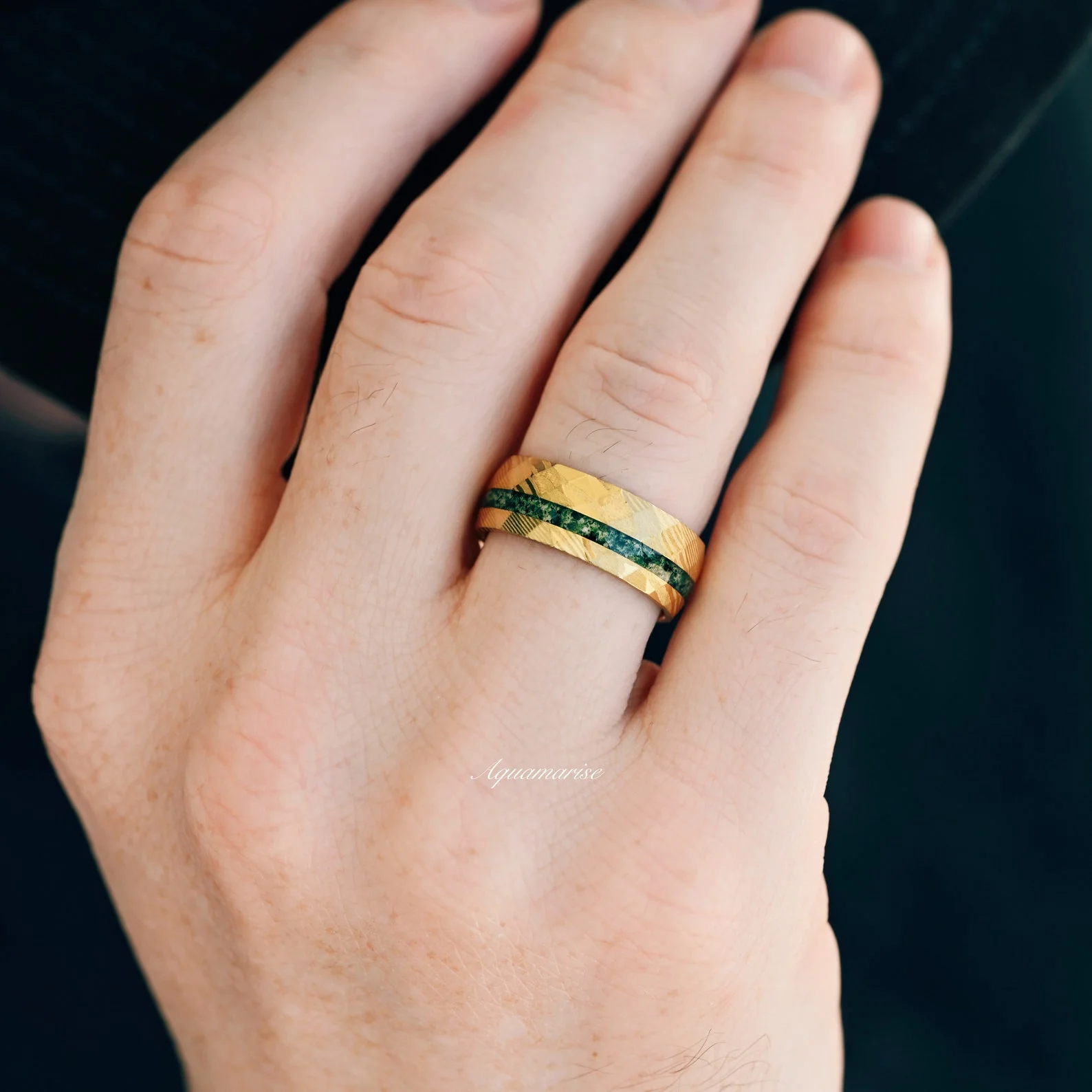 Moss Agate Wedding Band in Gold Damascus Steel (8mm) - Image 3