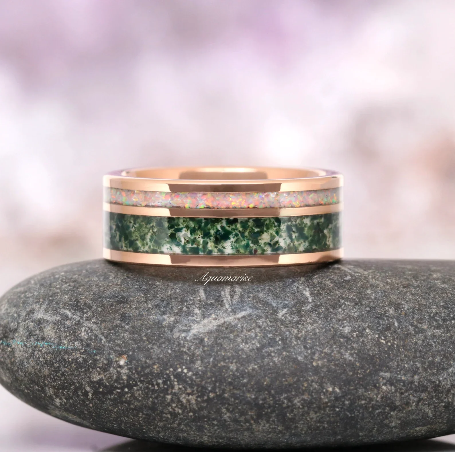 Moss Agate & Fire Opal Couples Ring Set - Image 2