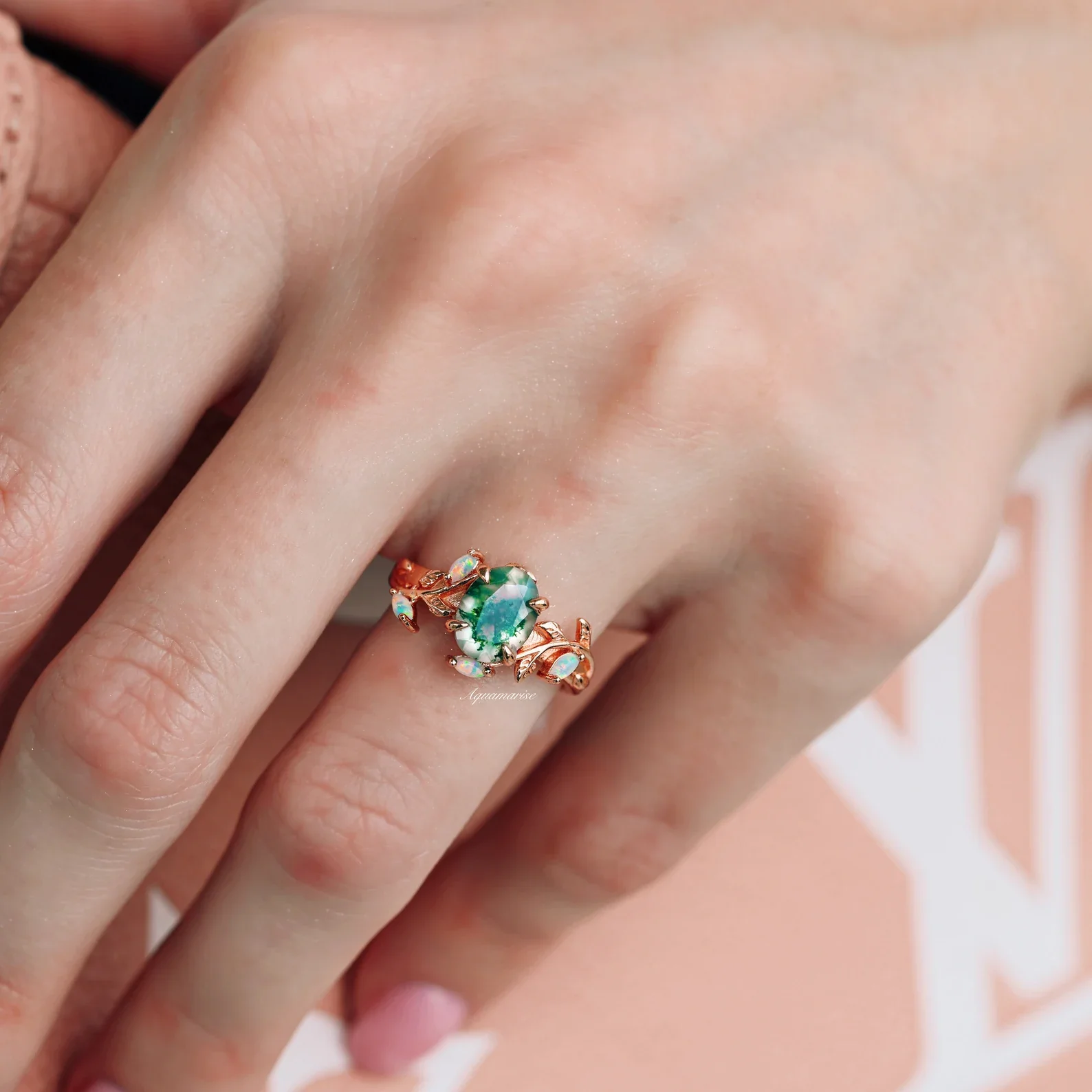 Moss Agate & Fire Opal Couples Ring Set - Image 6
