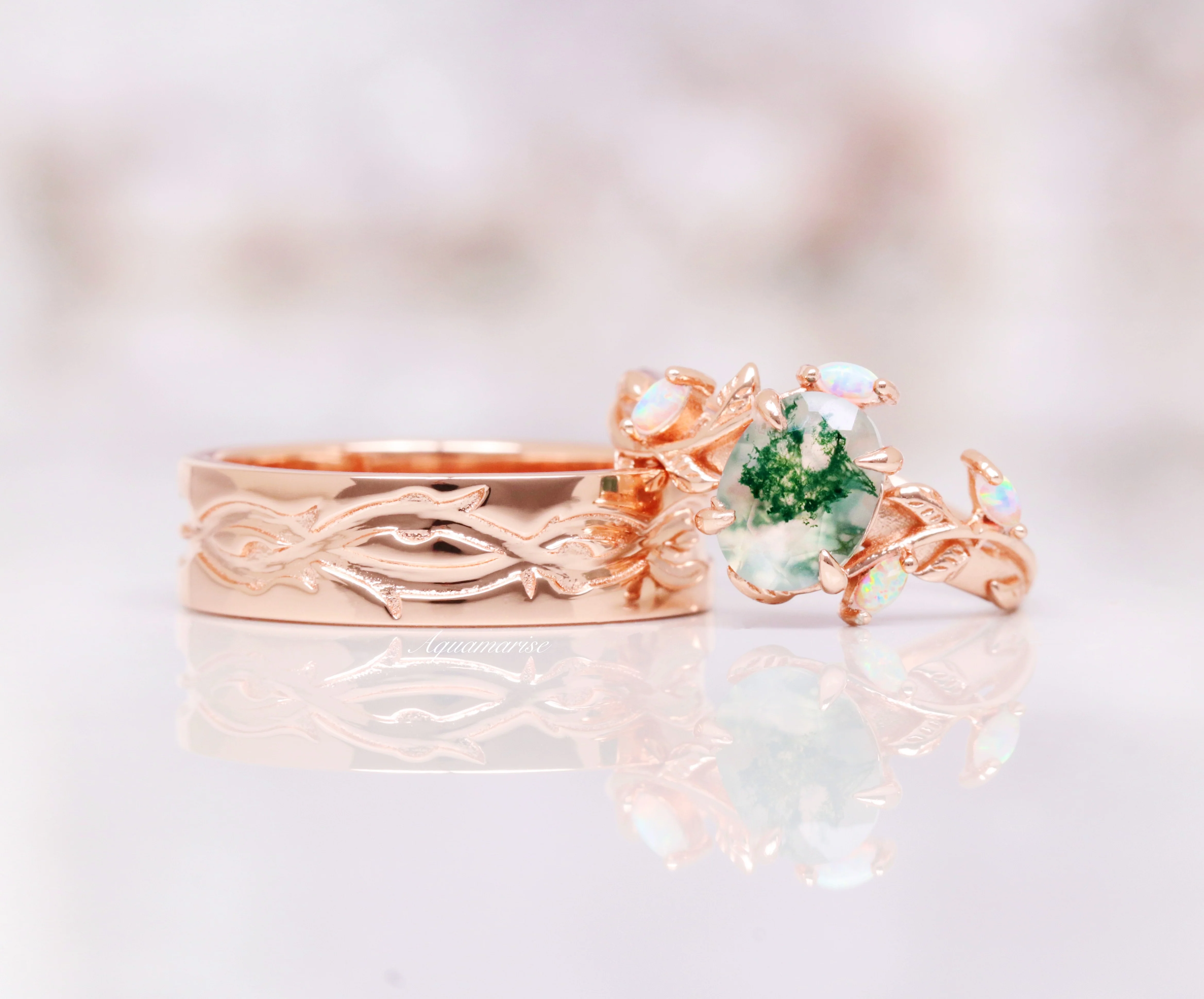 Green Moss Agate and Fire Opal Leaf Engagement Ring in 14K Solid Rose Gold - Image 3