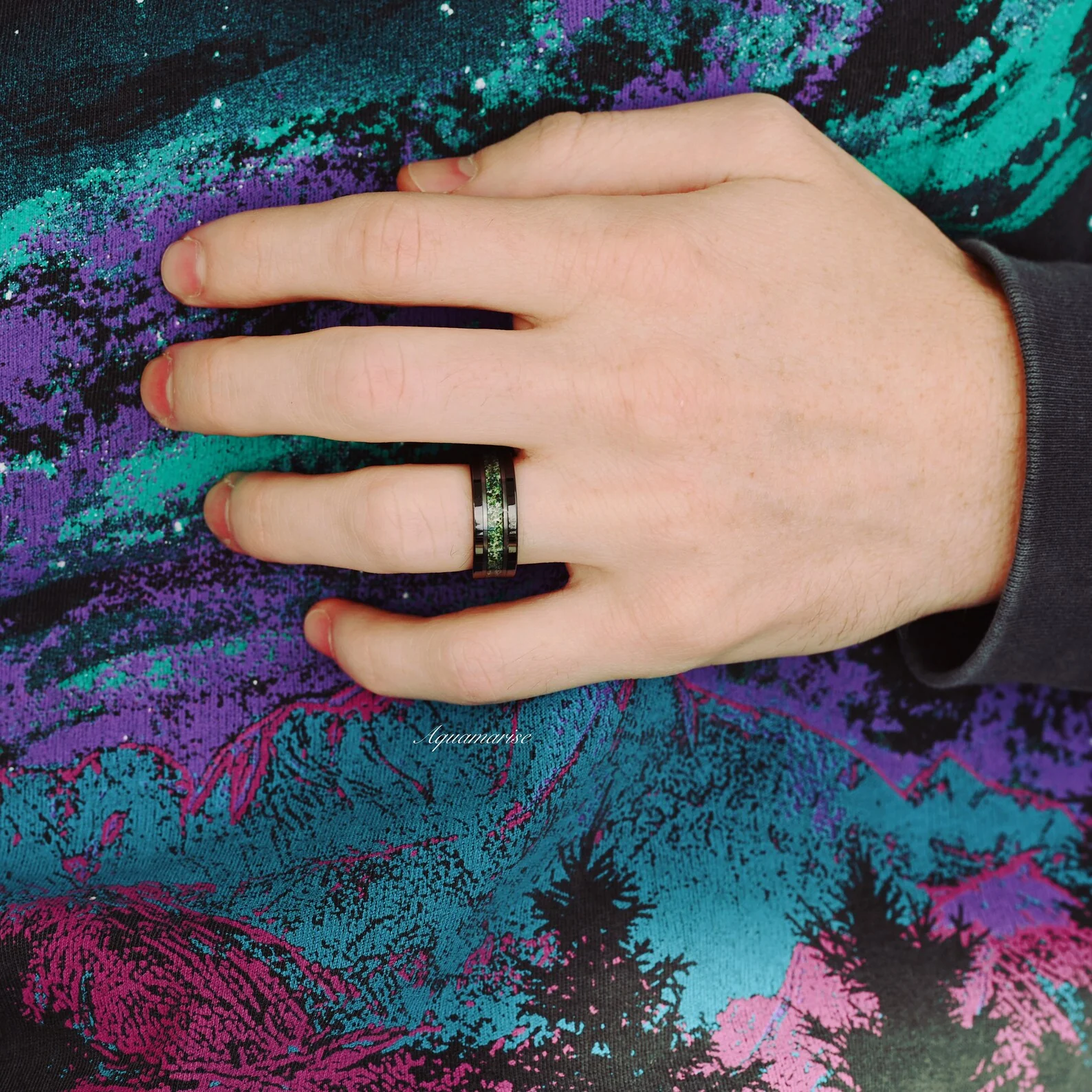 Green Moss Agate Wedding Band in Two Tone Black Tungsten Carbide (8mm) - Image 3