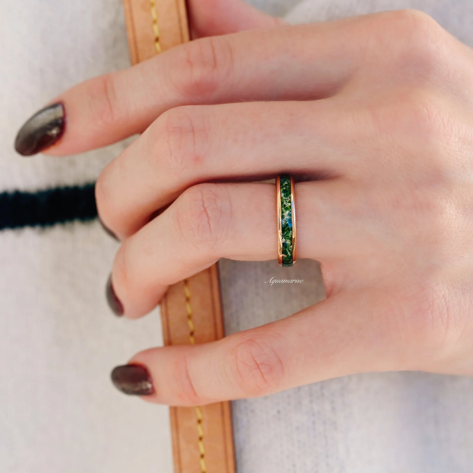Moss Agate Wedding Band- 4MM Rose Gold Tungsten - Image 2