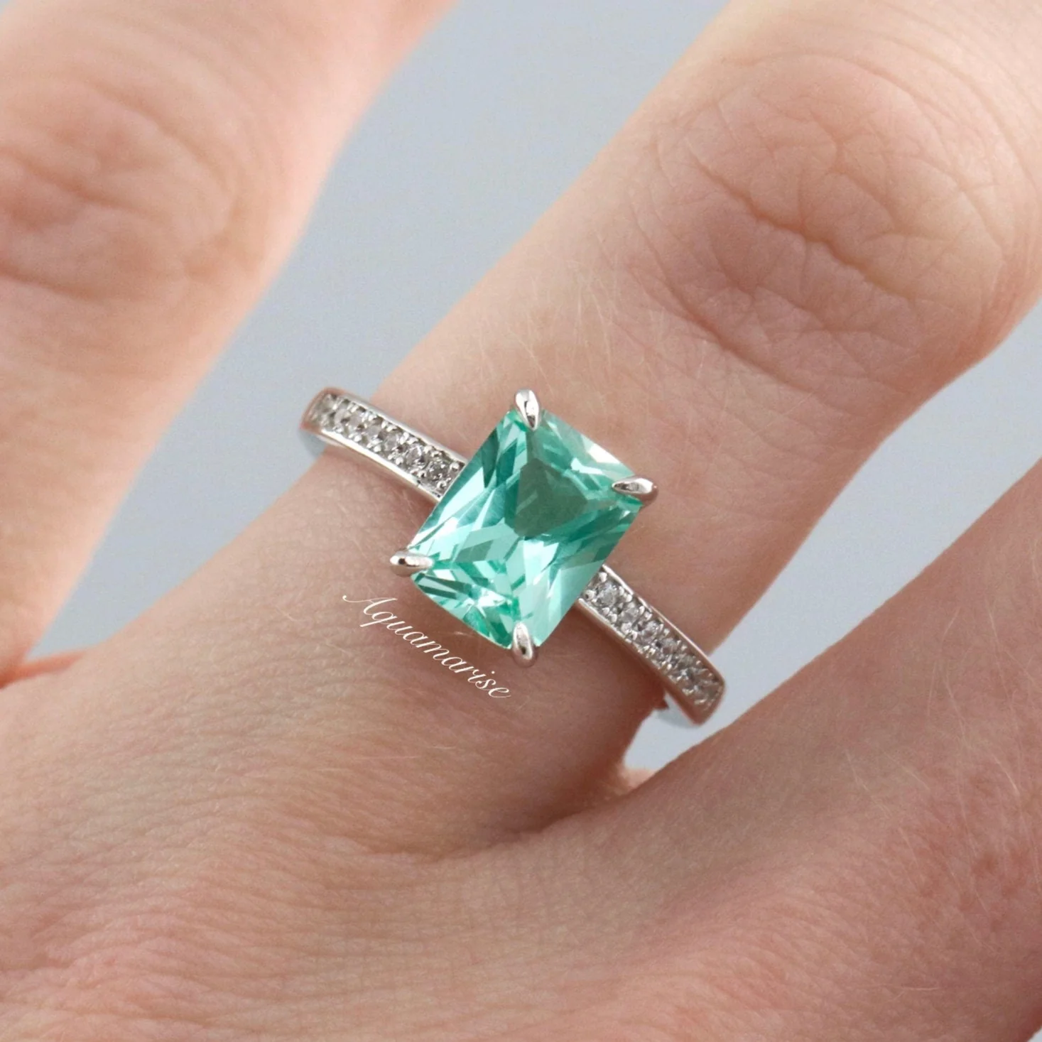 Ava Emerald Cut Mint Green Sapphire Ring in Sterling Silver - Image 2