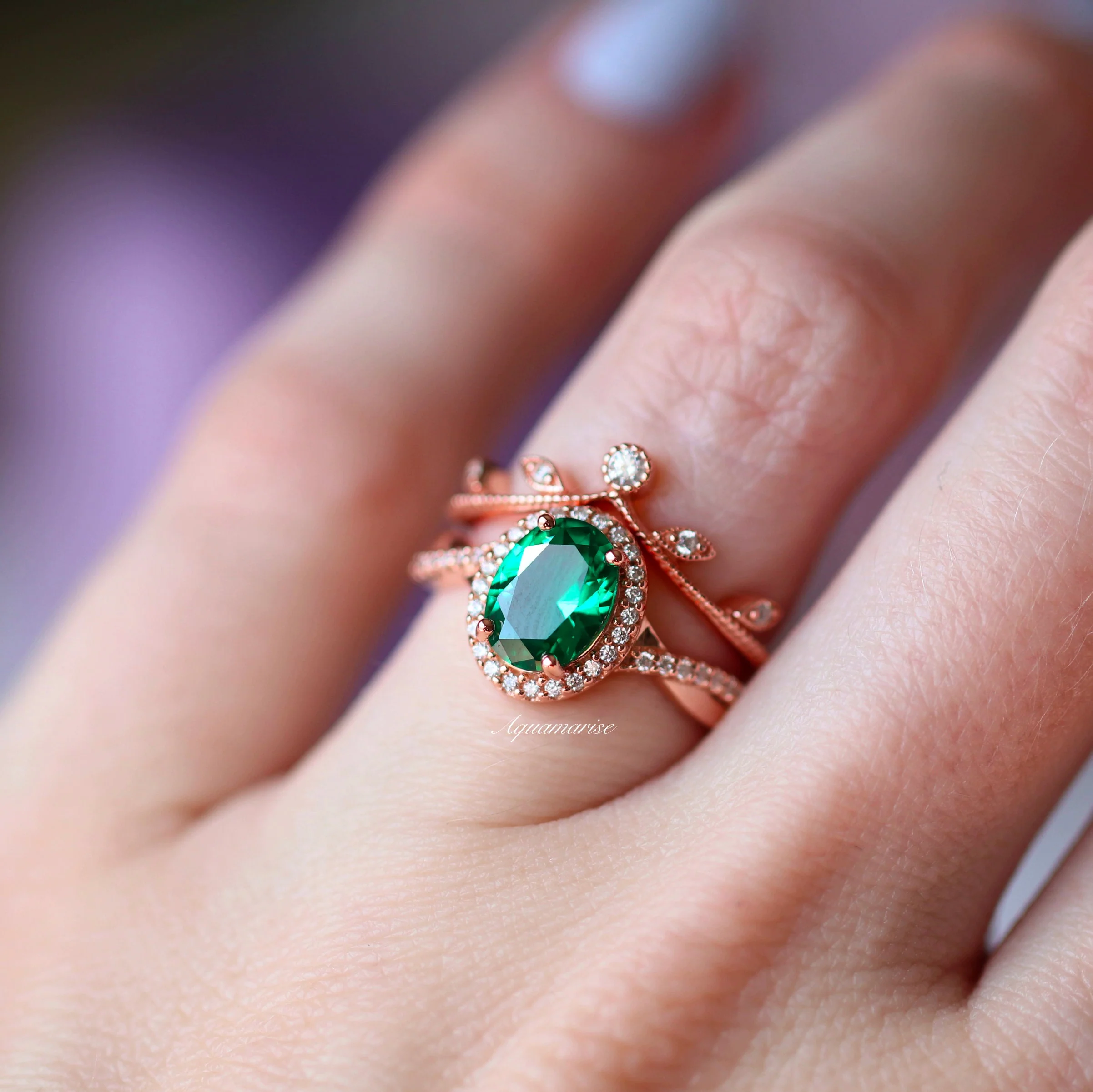 Oval Cut Emerald Leaf Ring Set in 14K Rose Gold Vermeil - Image 2