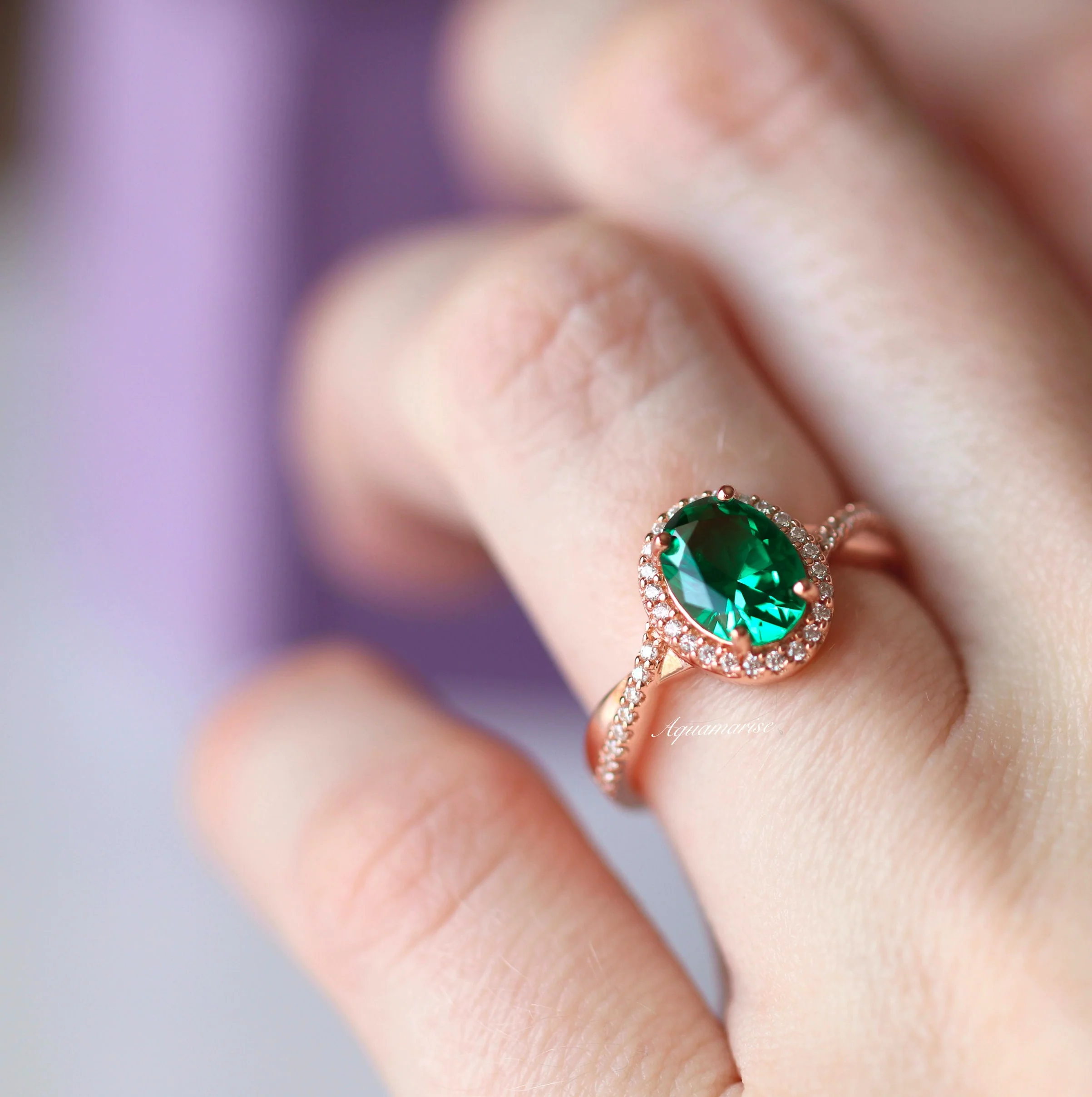 Oval Cut Emerald Leaf Ring Set in 14K Rose Gold Vermeil - Image 3