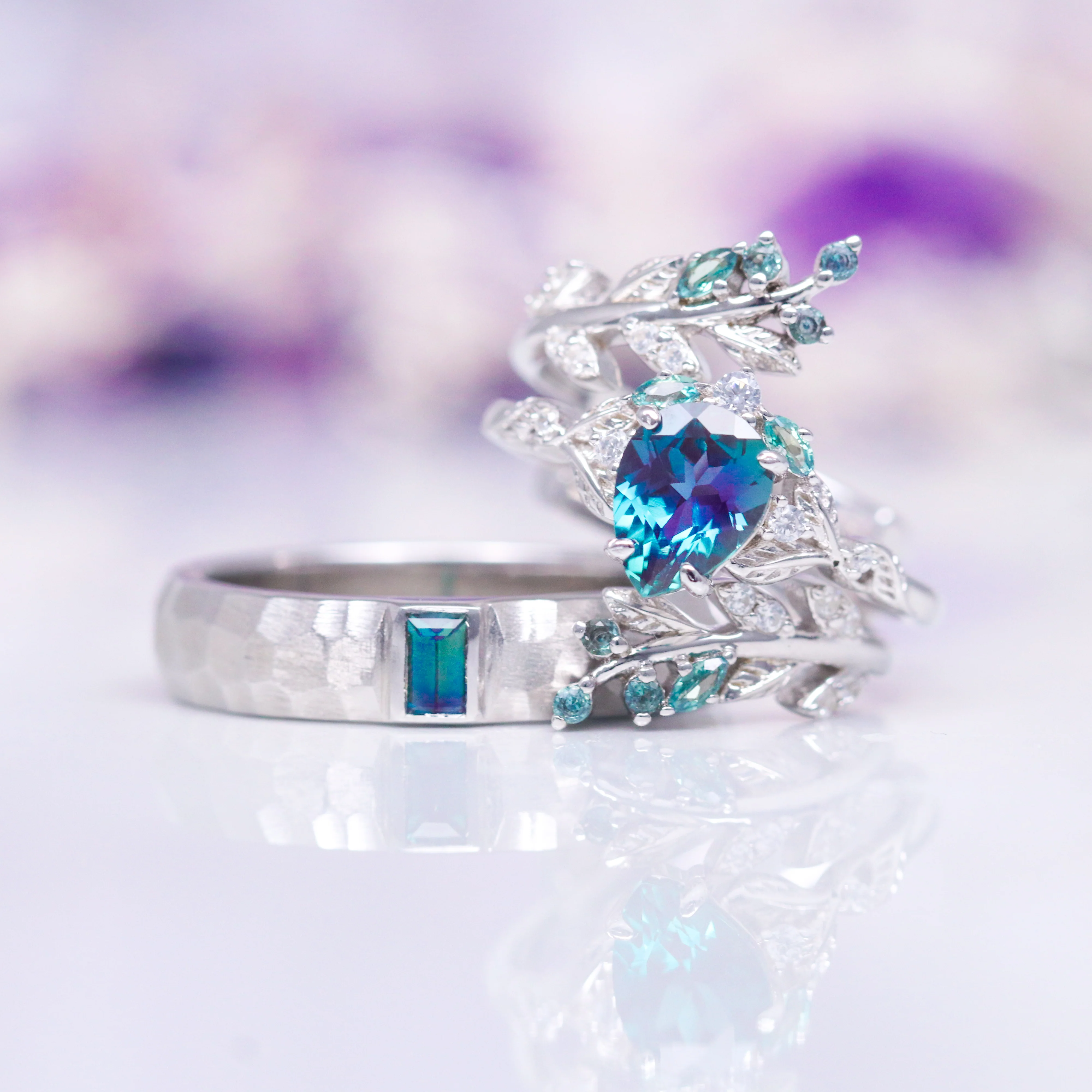 Alexandrite Hammered Wedding Band in 14K White Gold (5.5mm) - Image 2
