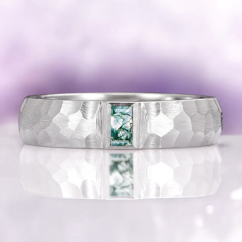 Hammered Moss Agate Wedding Band in 14K White Gold (5.5mm)