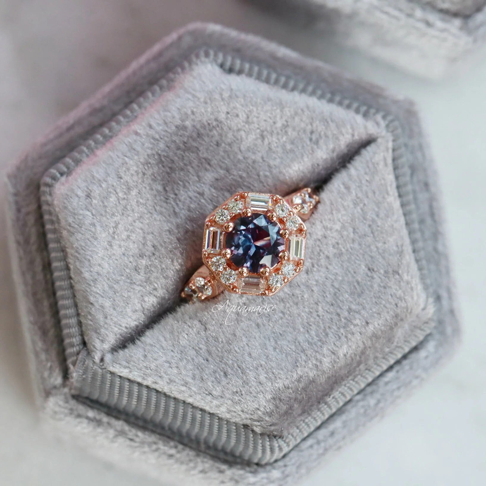 Hexagon Alexandrite Halo Ring in 14K Rose Gold Vermeil - Image 2
