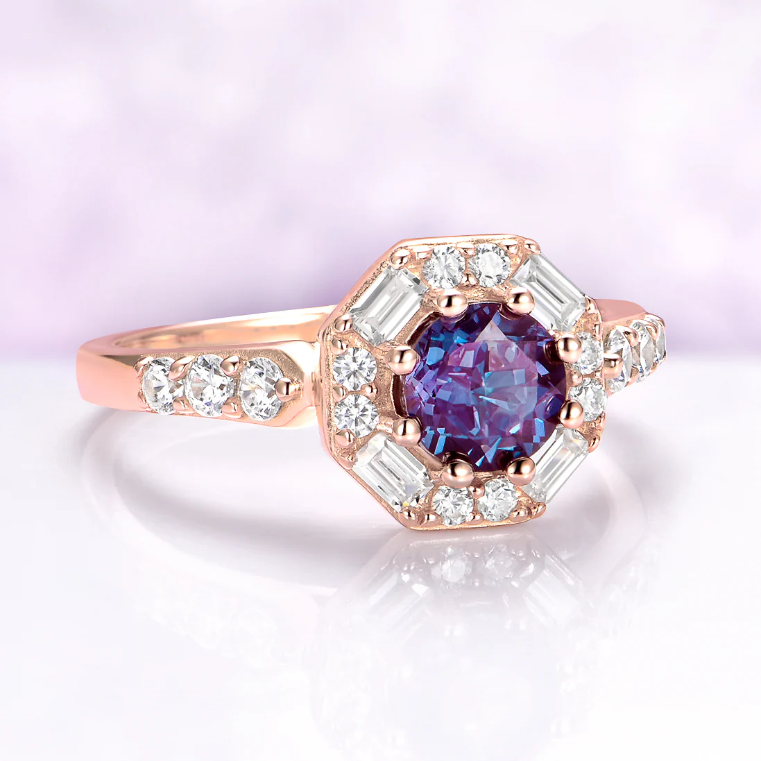Hexagon Alexandrite Halo Ring in 14K Rose Gold Vermeil - Image 5