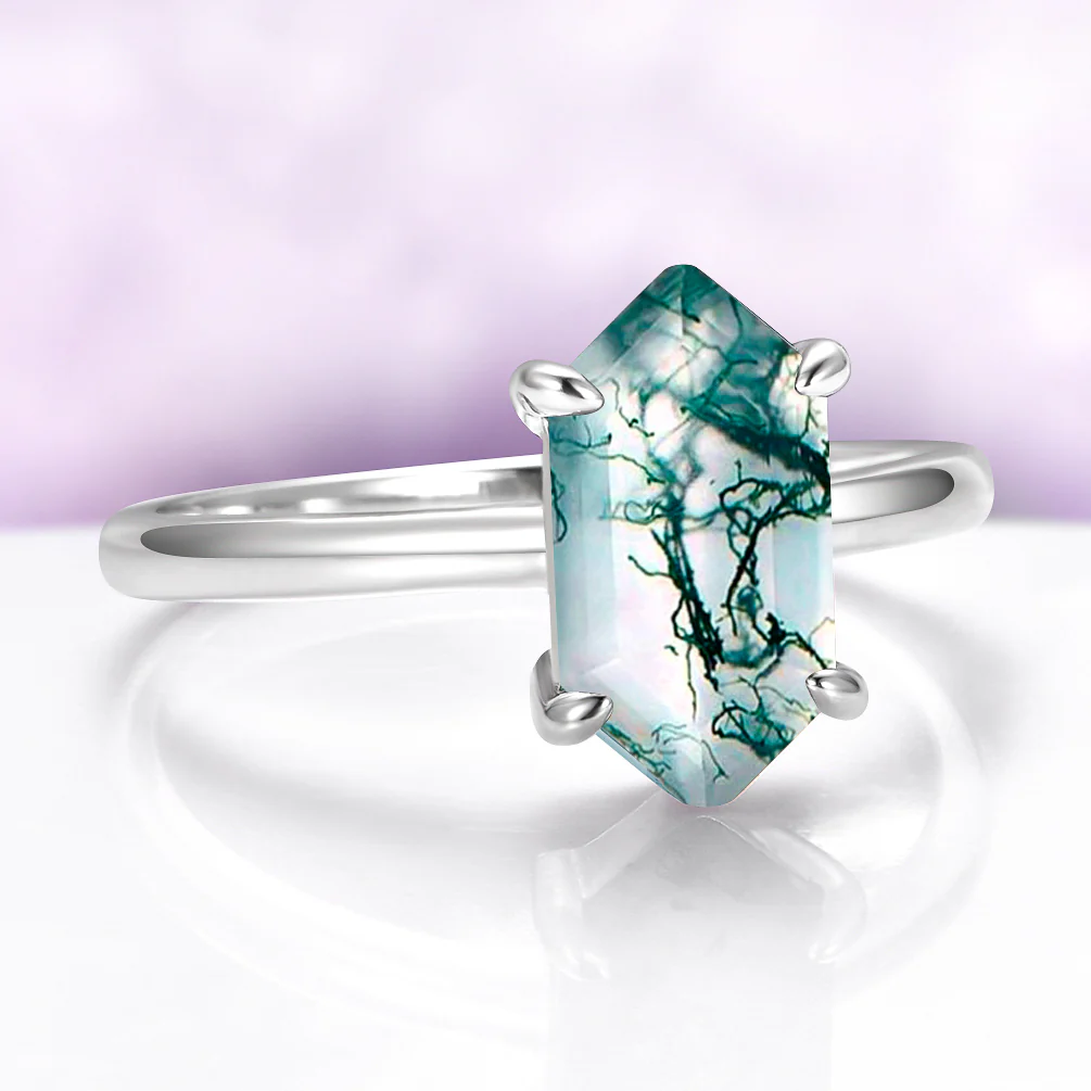 Hexagon Green Moss Agate Ring in Sterling Silver - Image 3