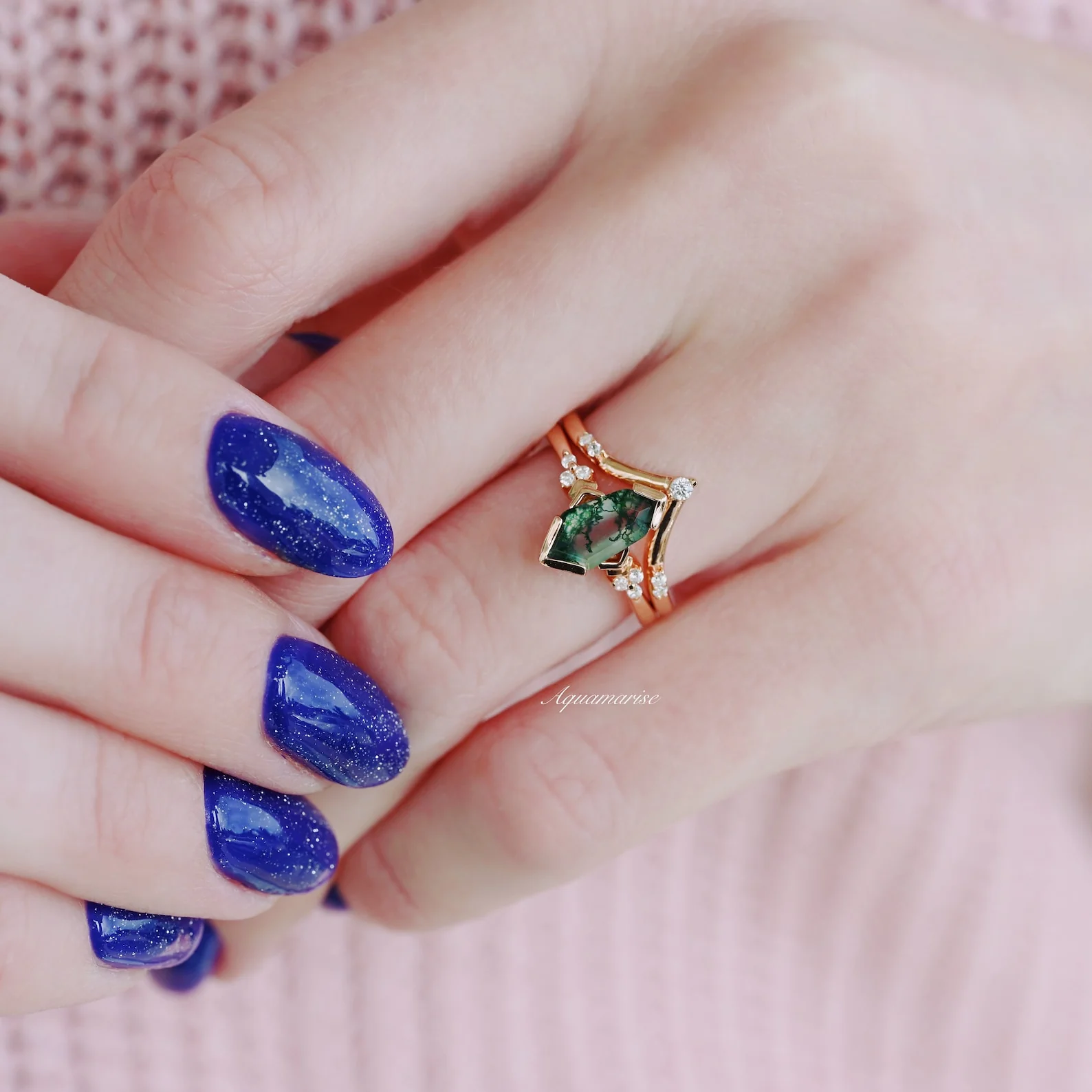 Green Moss Agate Engagement Ring Set in 14K Solid Rose Gold - Image 2