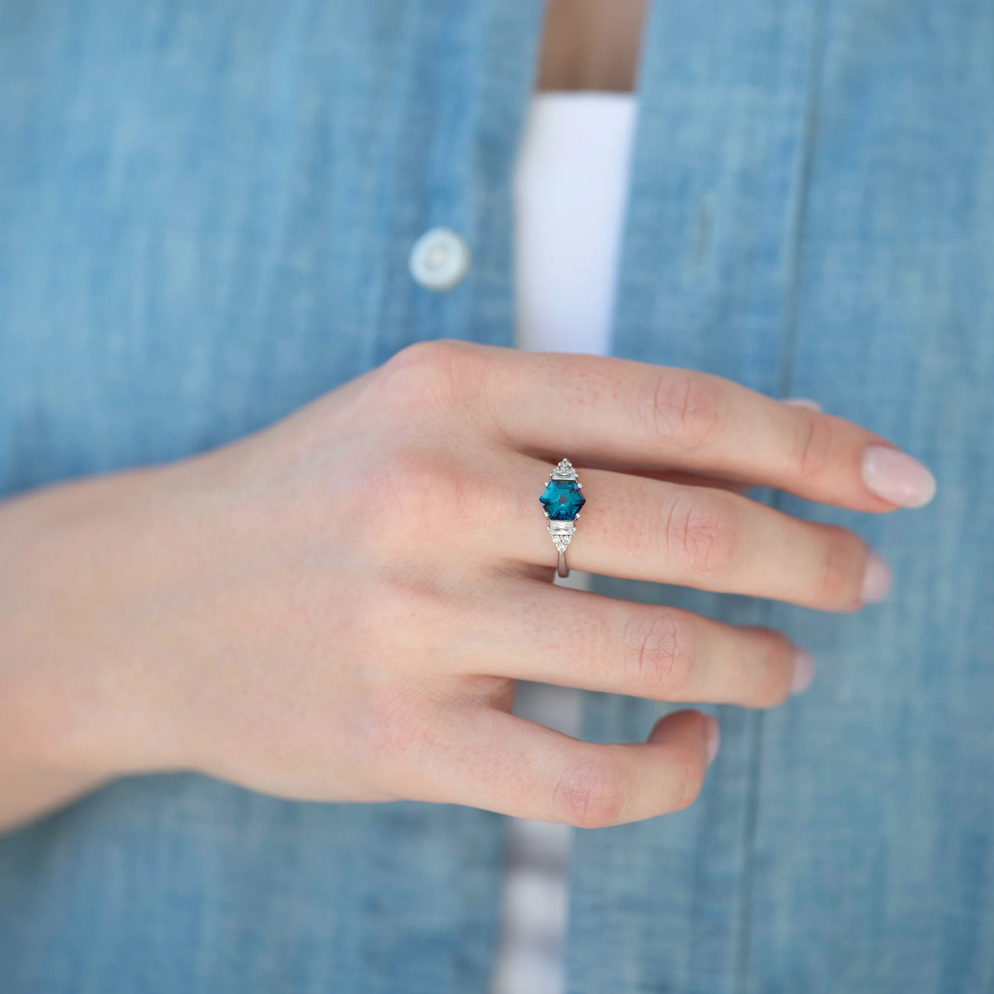 Hexagon Cut Alexandrite Engagement Ring in 14K White Gold - Image 2