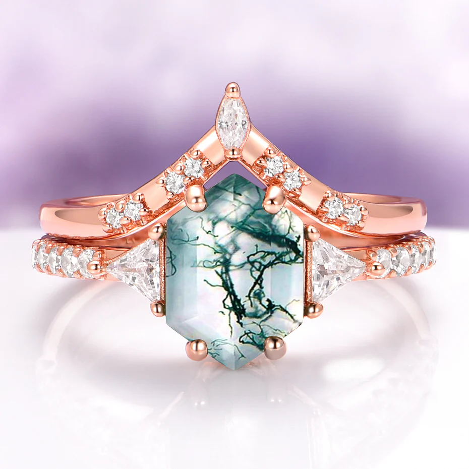 Hexagon Cut Green Moss Agate Engagement Ring Set in 14K Solid Rose Gold
