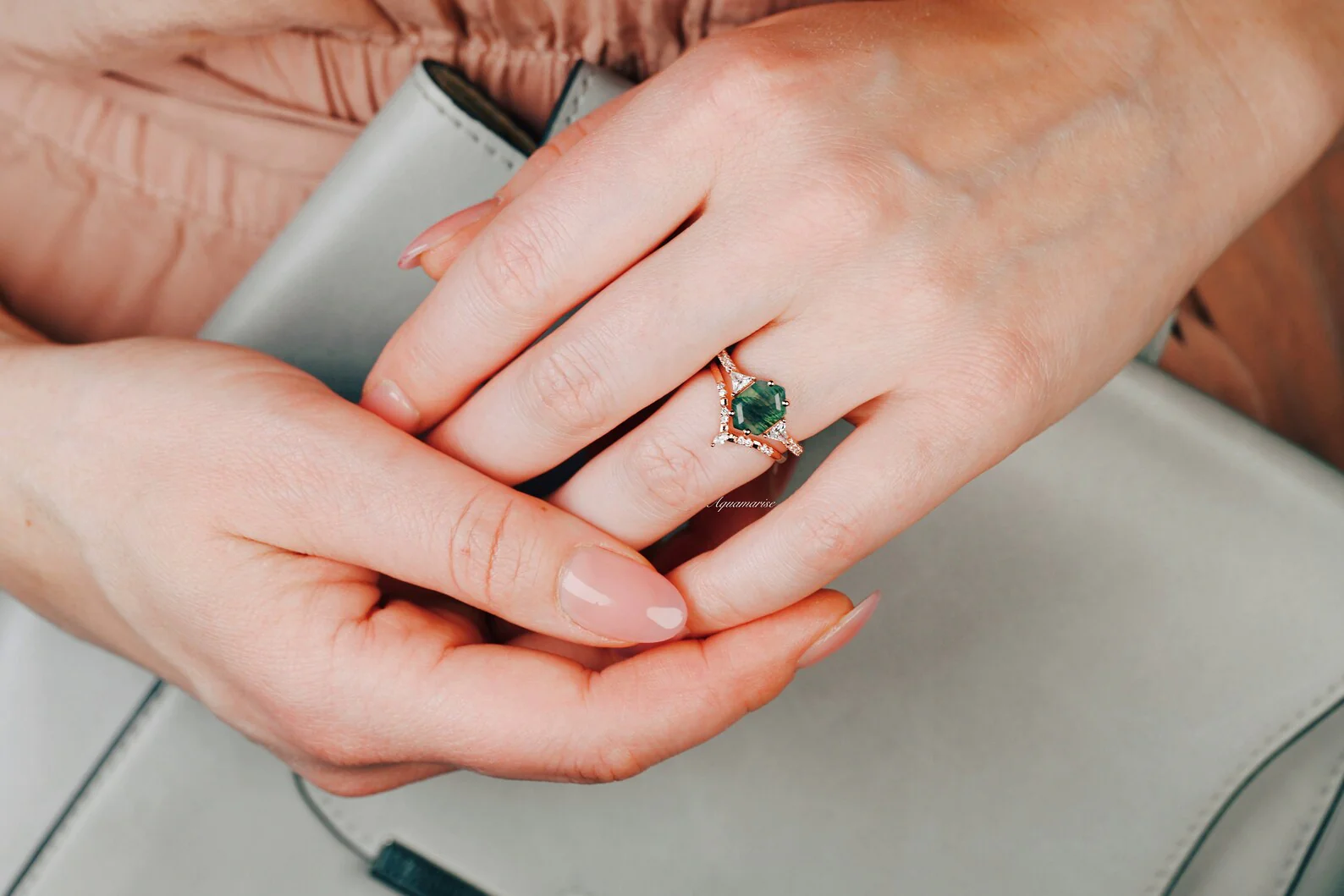 Hexagon Cut Green Moss Agate Engagement Ring Set in 14K Solid Rose Gold - Image 2