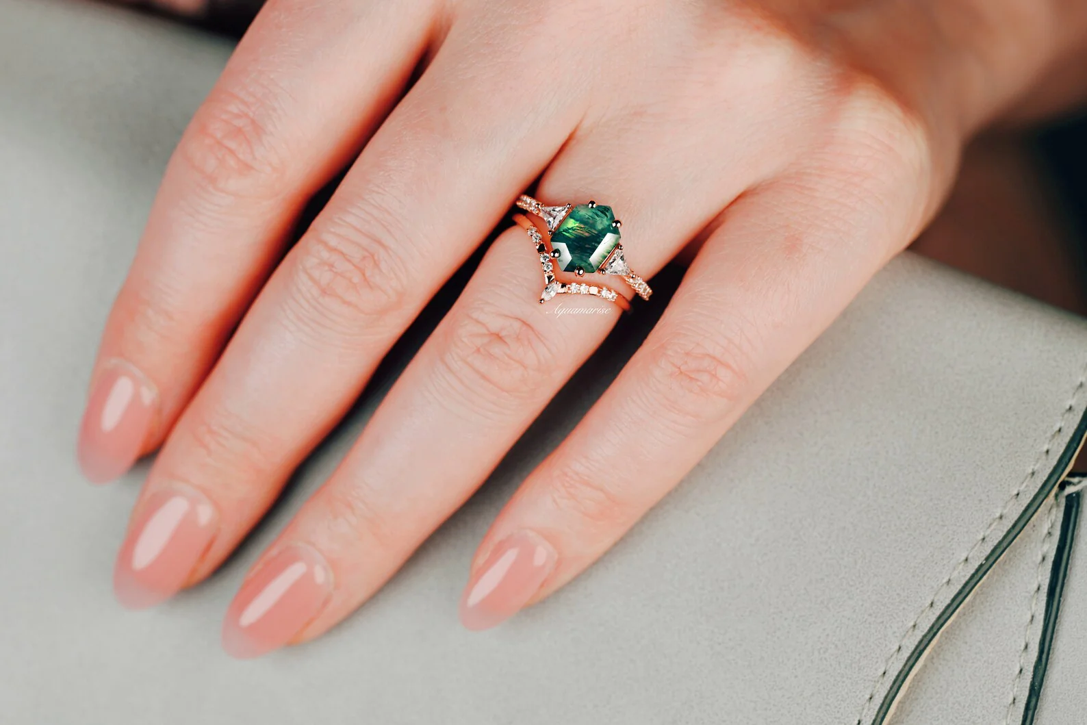 Hexagon Cut Green Moss Agate Engagement Ring Set in 14K Solid Rose Gold - Image 4